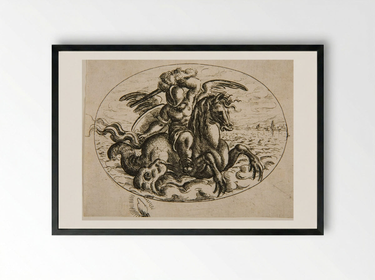 Putto on a Sea Horse - Christoph Jamnitzer - Framed Print Black