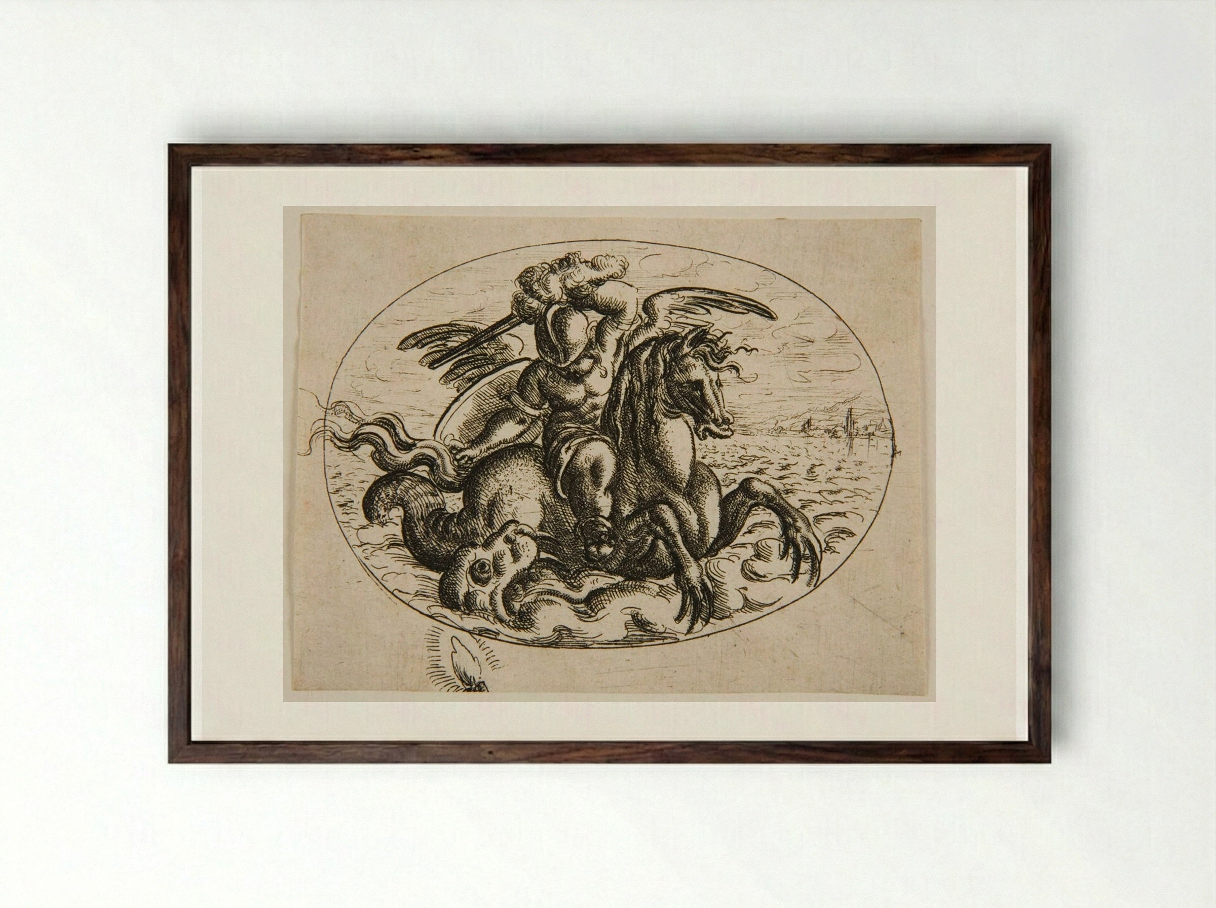 Putto on a Sea Horse - Christoph Jamnitzer - Framed Print Dark Wood