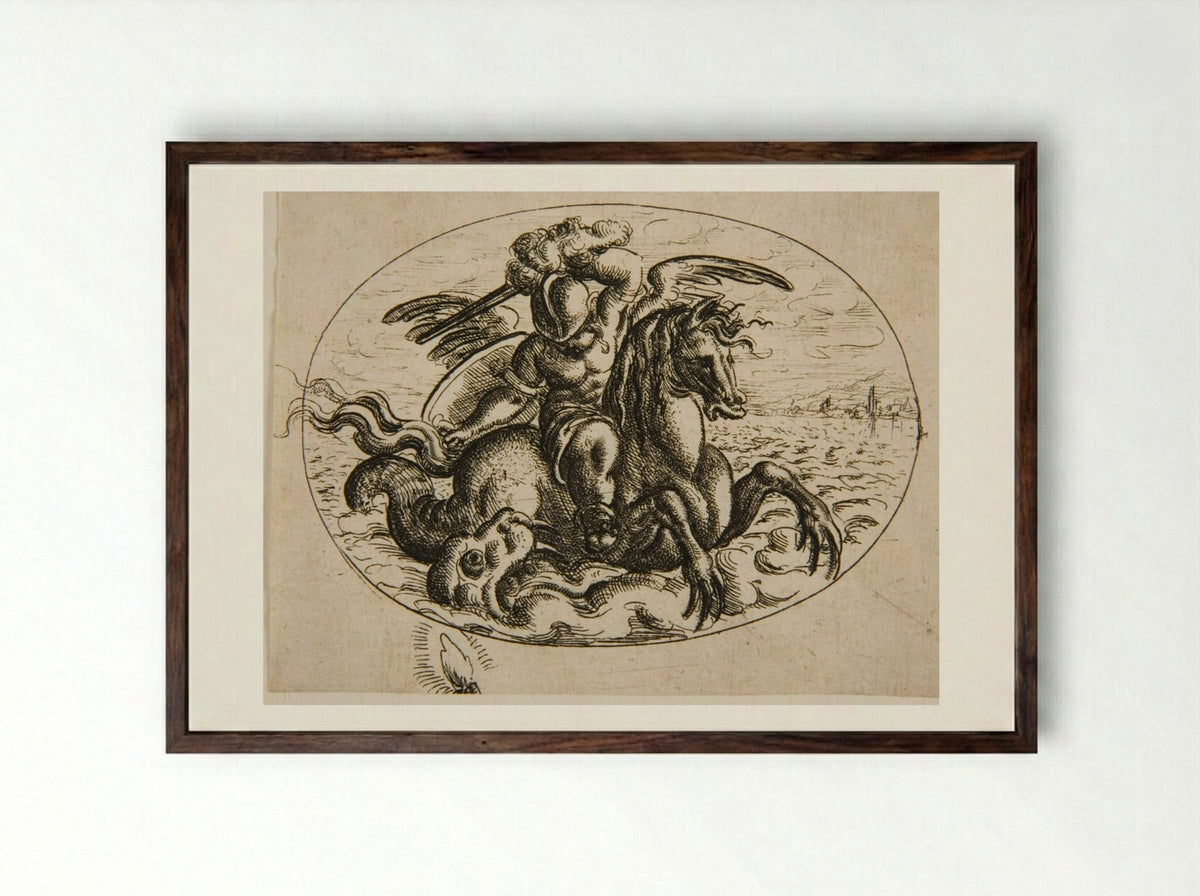 Putto on a Sea Horse - Christoph Jamnitzer - Framed Print Dark Wood