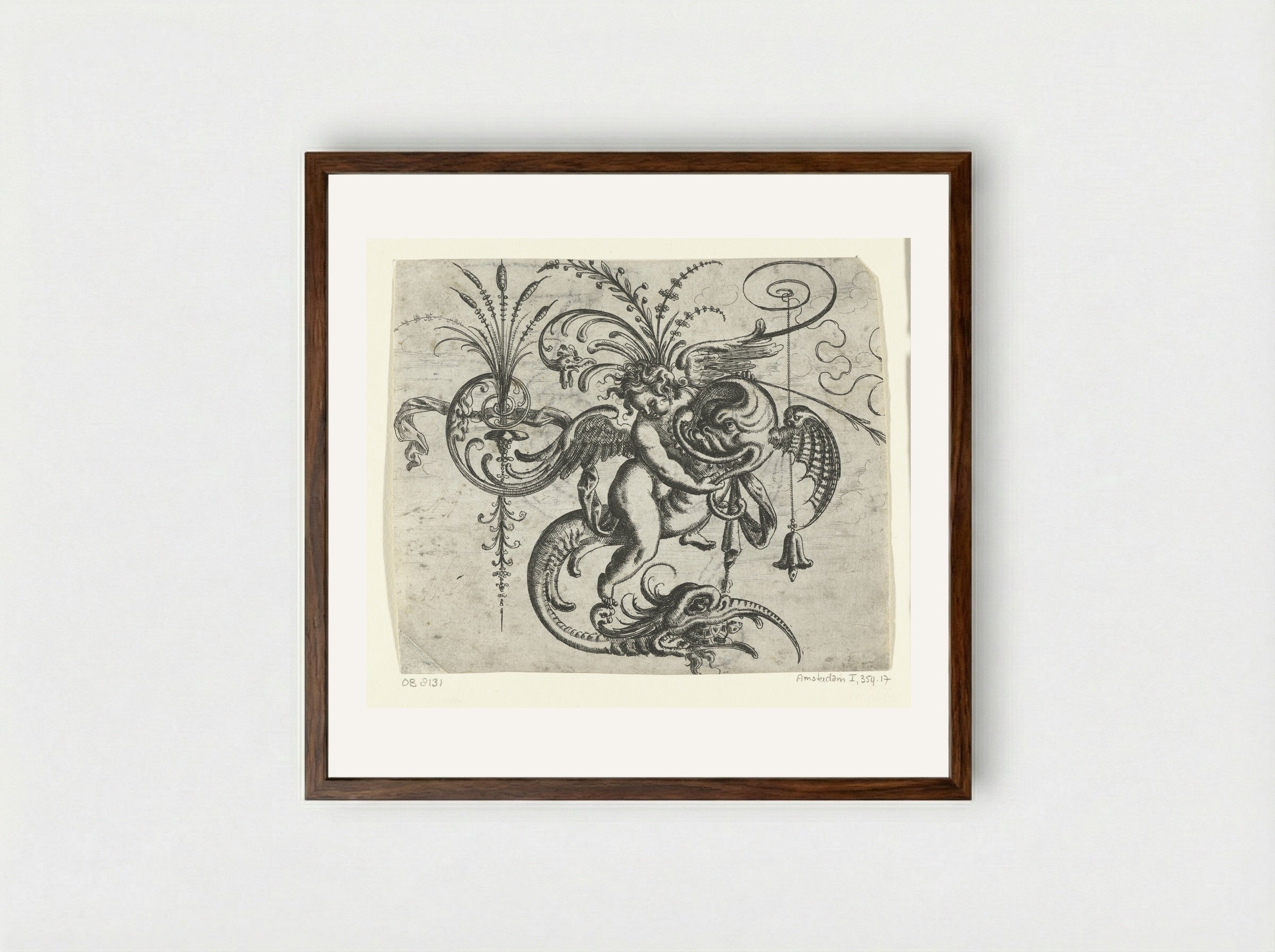 Putto, rijdend op een dolfijn - Christoph Jamnitzer - Framed Print Dark Wood