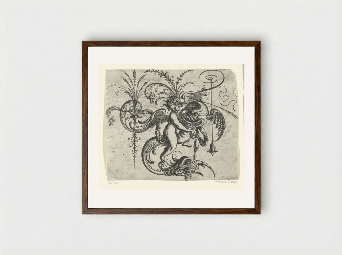 Putto, rijdend op een dolfijn - Christoph Jamnitzer - Framed Print Dark Wood