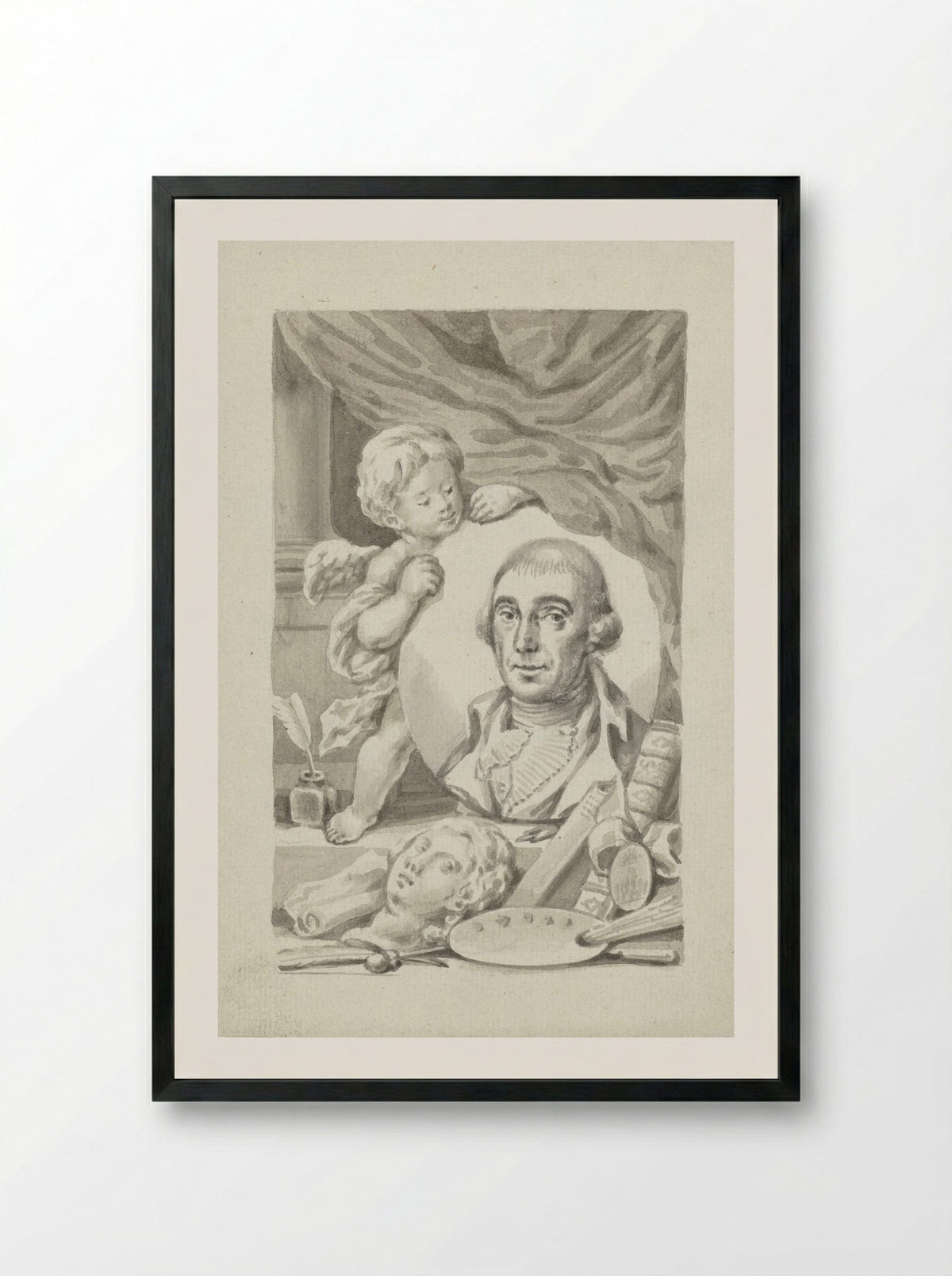 Putto with Portrait Medallion of an Artist - Roeland van Eynden - Framed Print Black