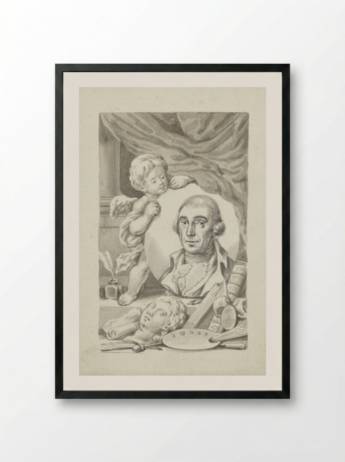 Putto with Portrait Medallion of an Artist - Roeland van Eynden - Framed Print Black