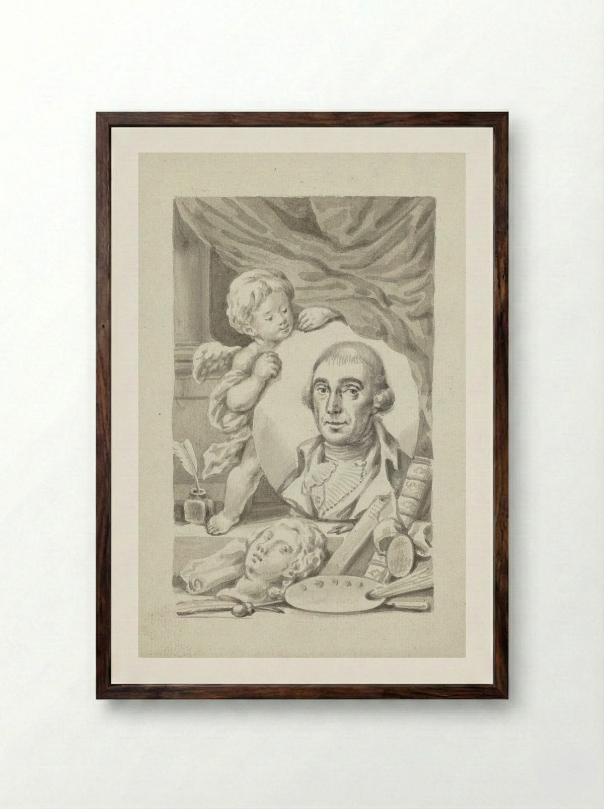 Putto with Portrait Medallion of an Artist - Roeland van Eynden - Framed Print Dark Wood