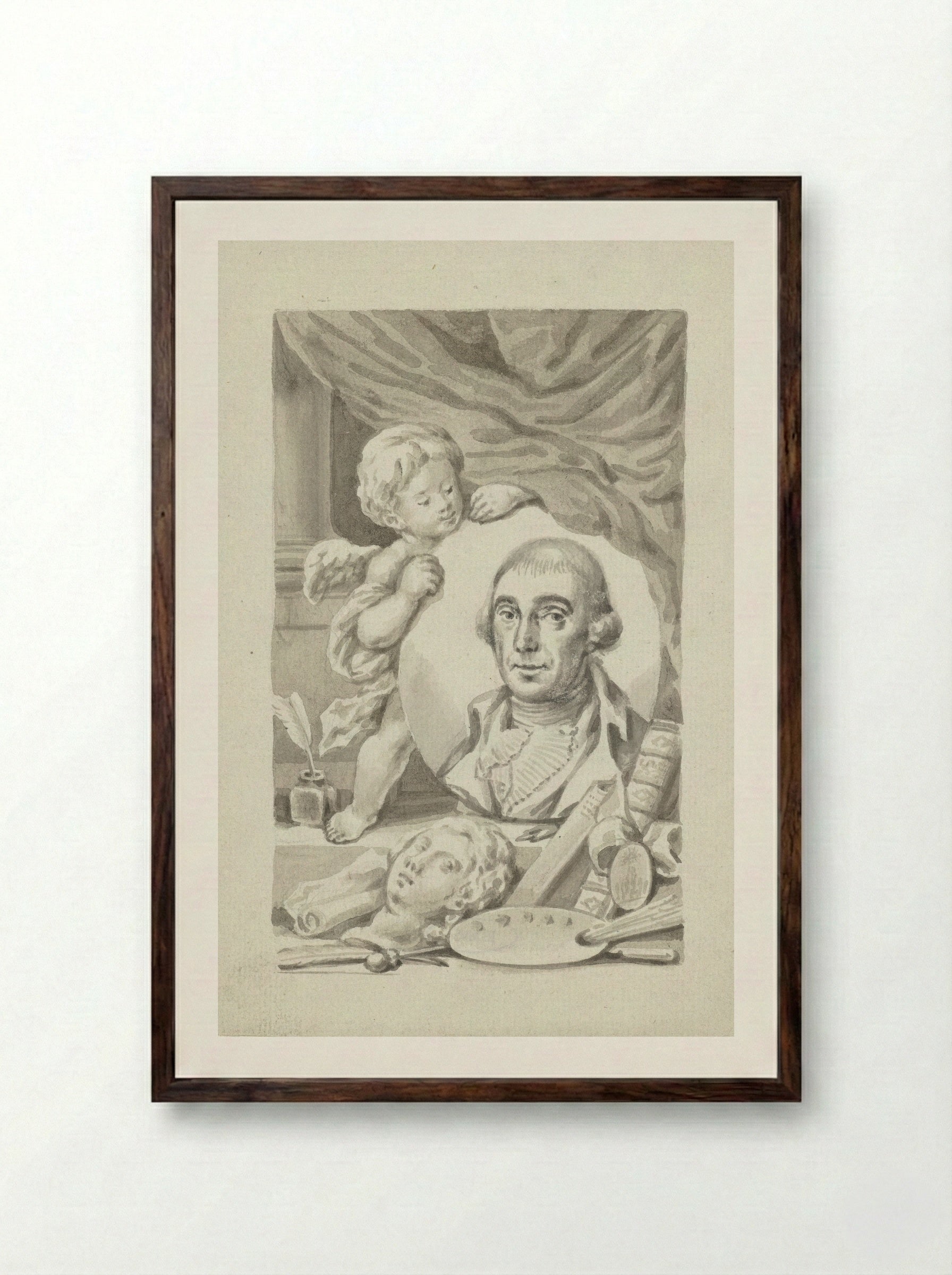Putto with Portrait Medallion of an Artist - Roeland van Eynden - Framed Print Dark Wood
