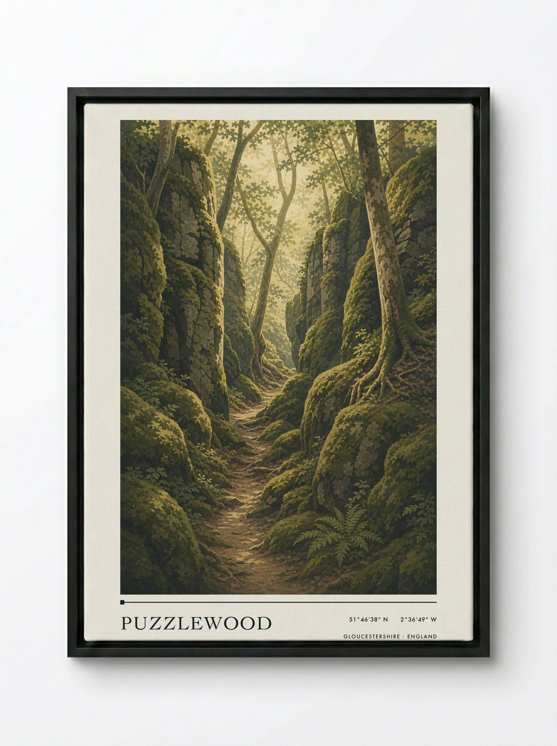 Puzzlewood Gloucestershire England Travel Poster - Framed Canvas Black