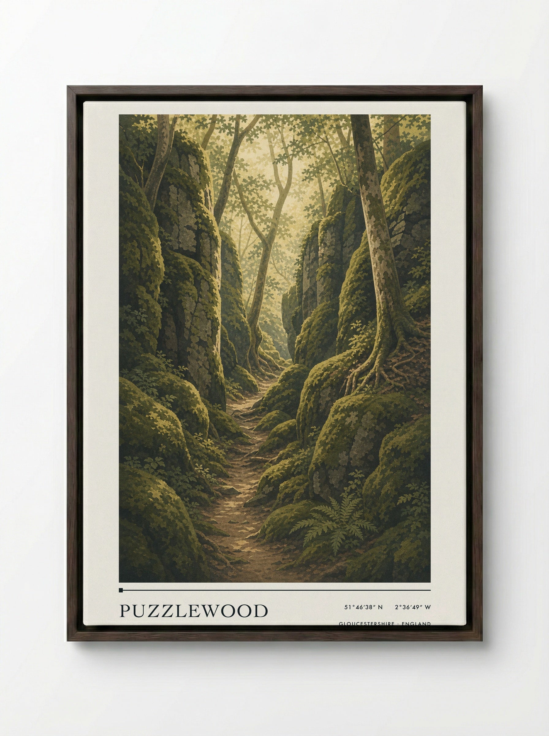 Puzzlewood Gloucestershire England Travel Poster - Framed Canvas Dark Wood