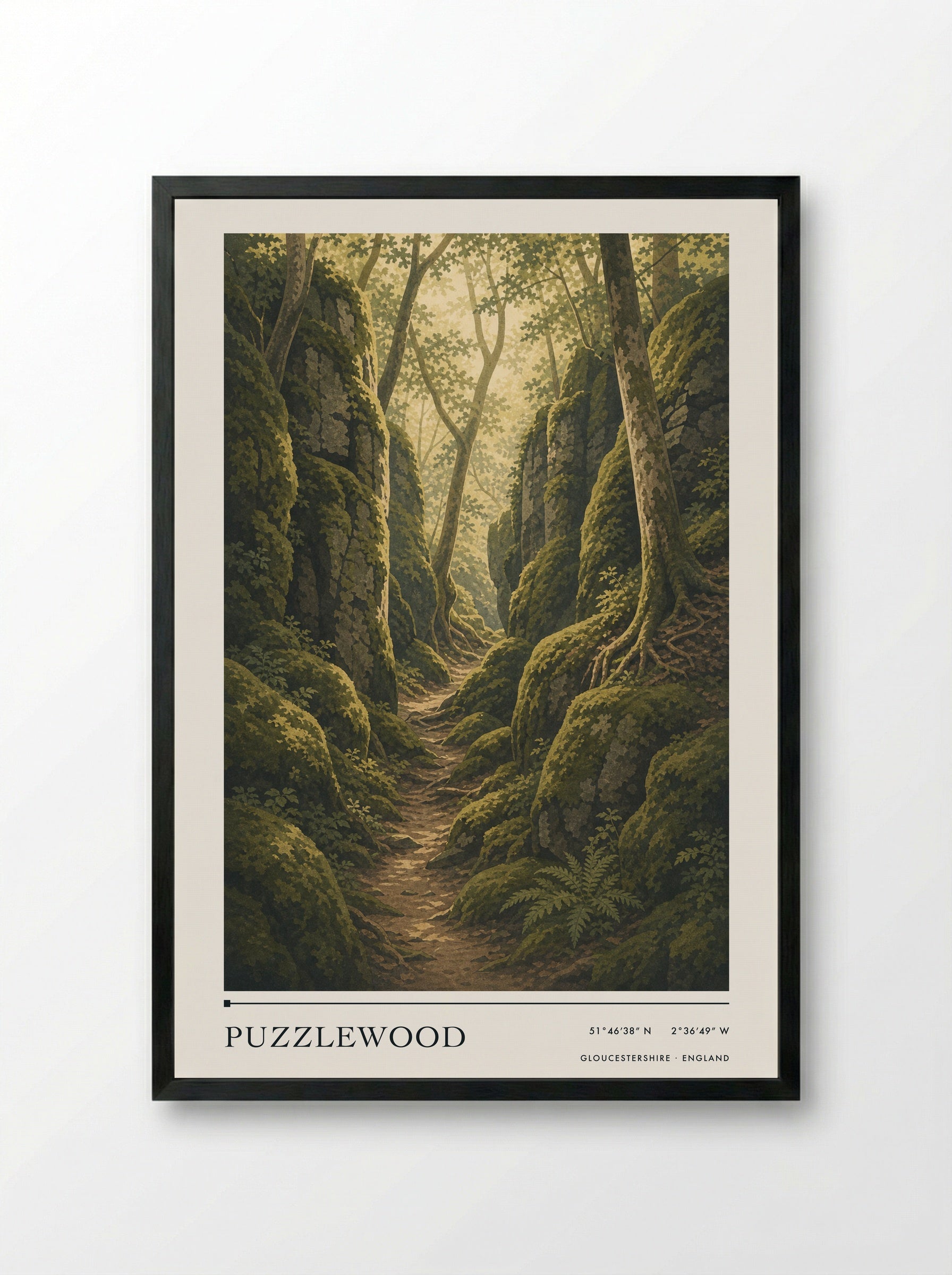 Puzzlewood Gloucestershire England Travel Poster - Framed Print Black