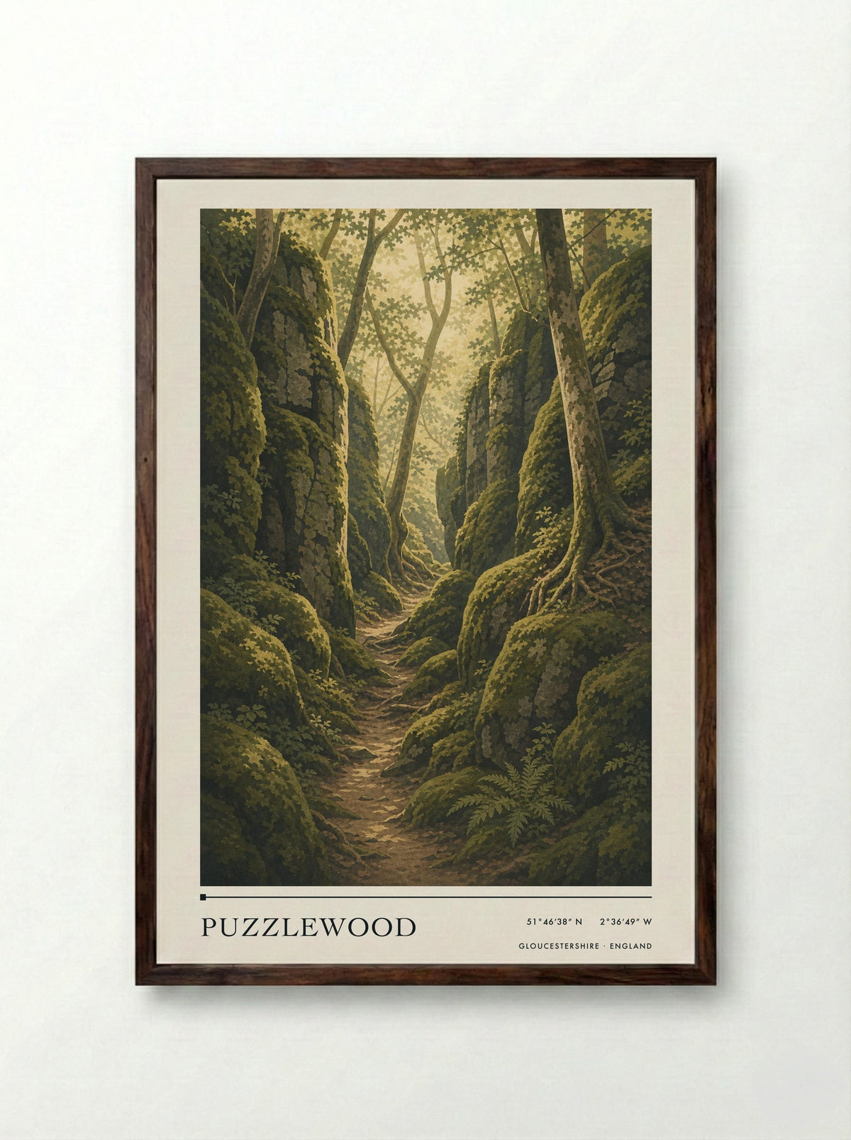 Puzzlewood Gloucestershire England Travel Poster - Framed Print Dark Wood