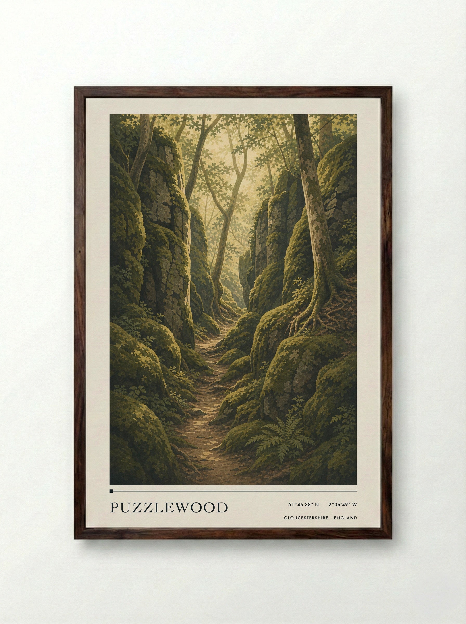 Puzzlewood Gloucestershire England Travel Poster - Framed Print Dark Wood