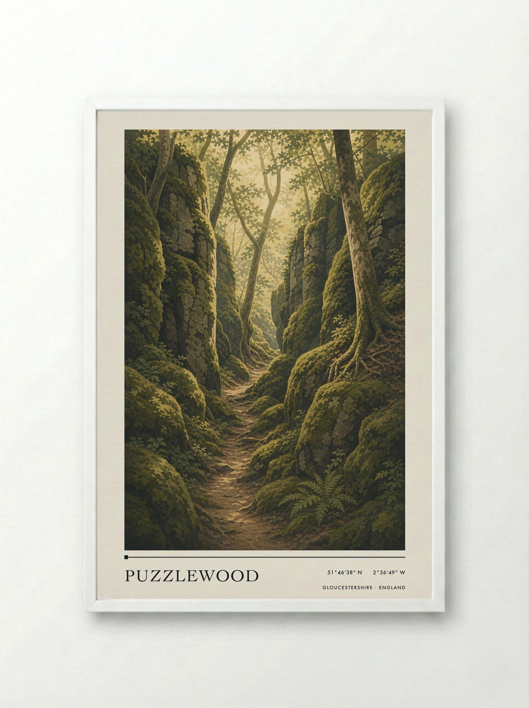 Puzzlewood Gloucestershire England Travel Poster - Framed Print White