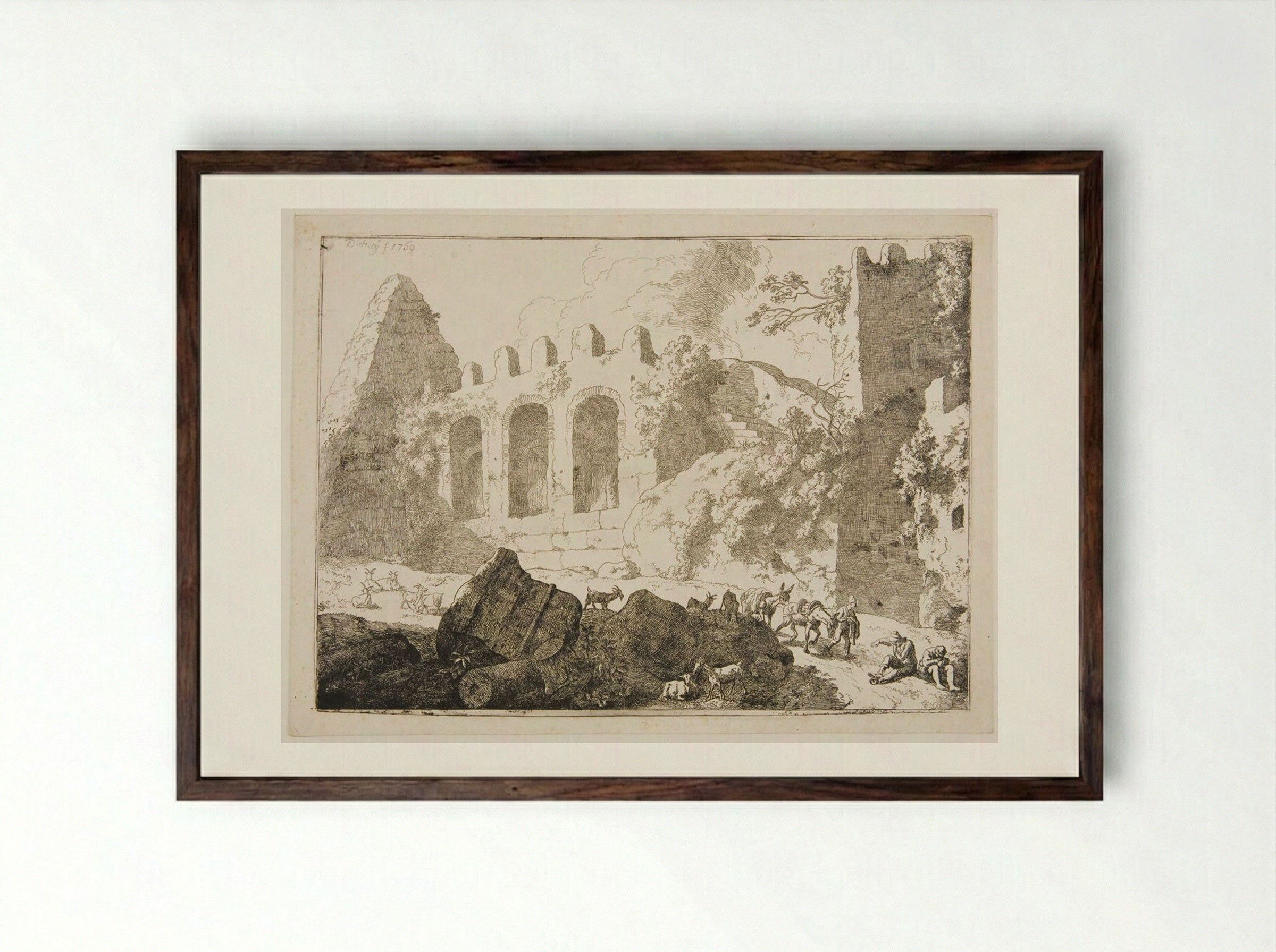 Pyramid and Ruins of Ancient Buildings - Christian Wilhelm Ernst Dietrich - Framed Print Dark Wood