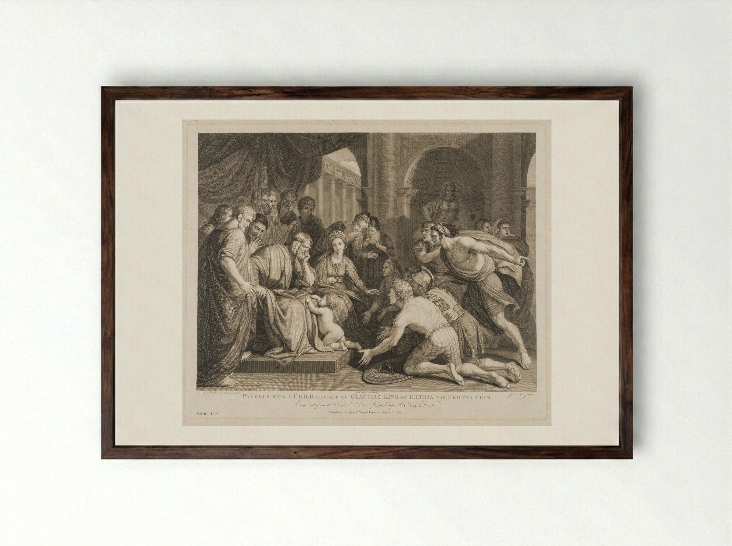 Pyrrhus, when a child, brought to Glaucias, king of Illyria, for protection - John Hall - Framed Print Dark Wood