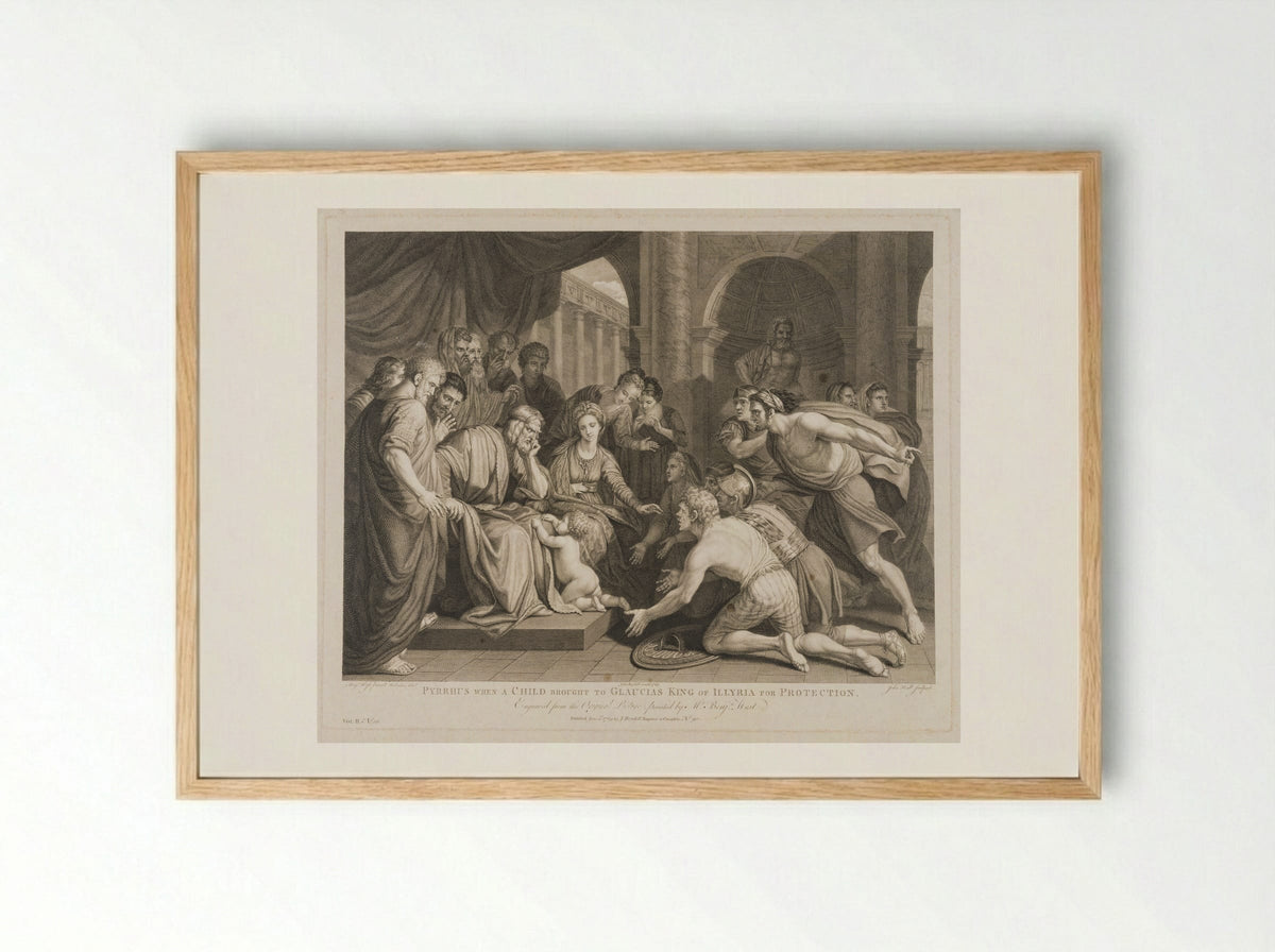 Pyrrhus, when a child, brought to Glaucias, king of Illyria, for protection - John Hall - Framed Print Wood