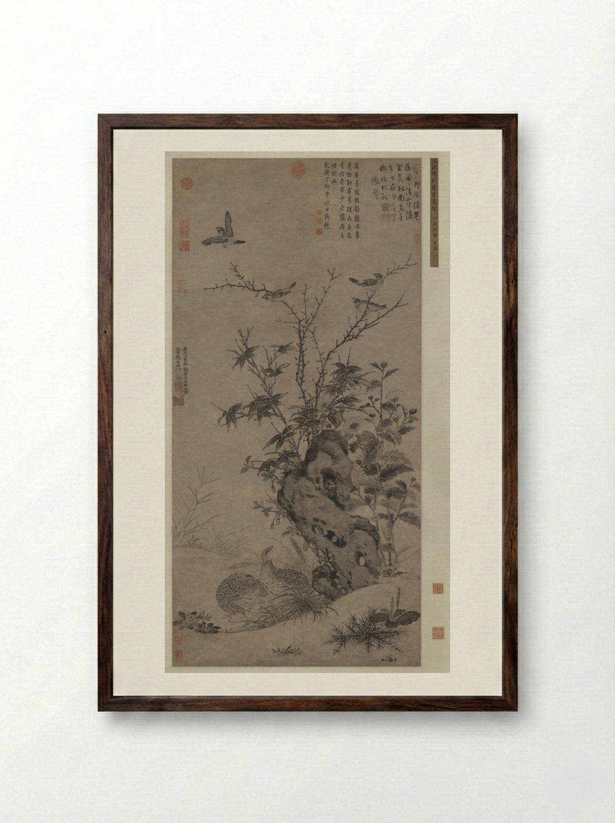 Quails and Sparrows in an Autumn Scene - Wang Yuan - Framed Print Dark Wood