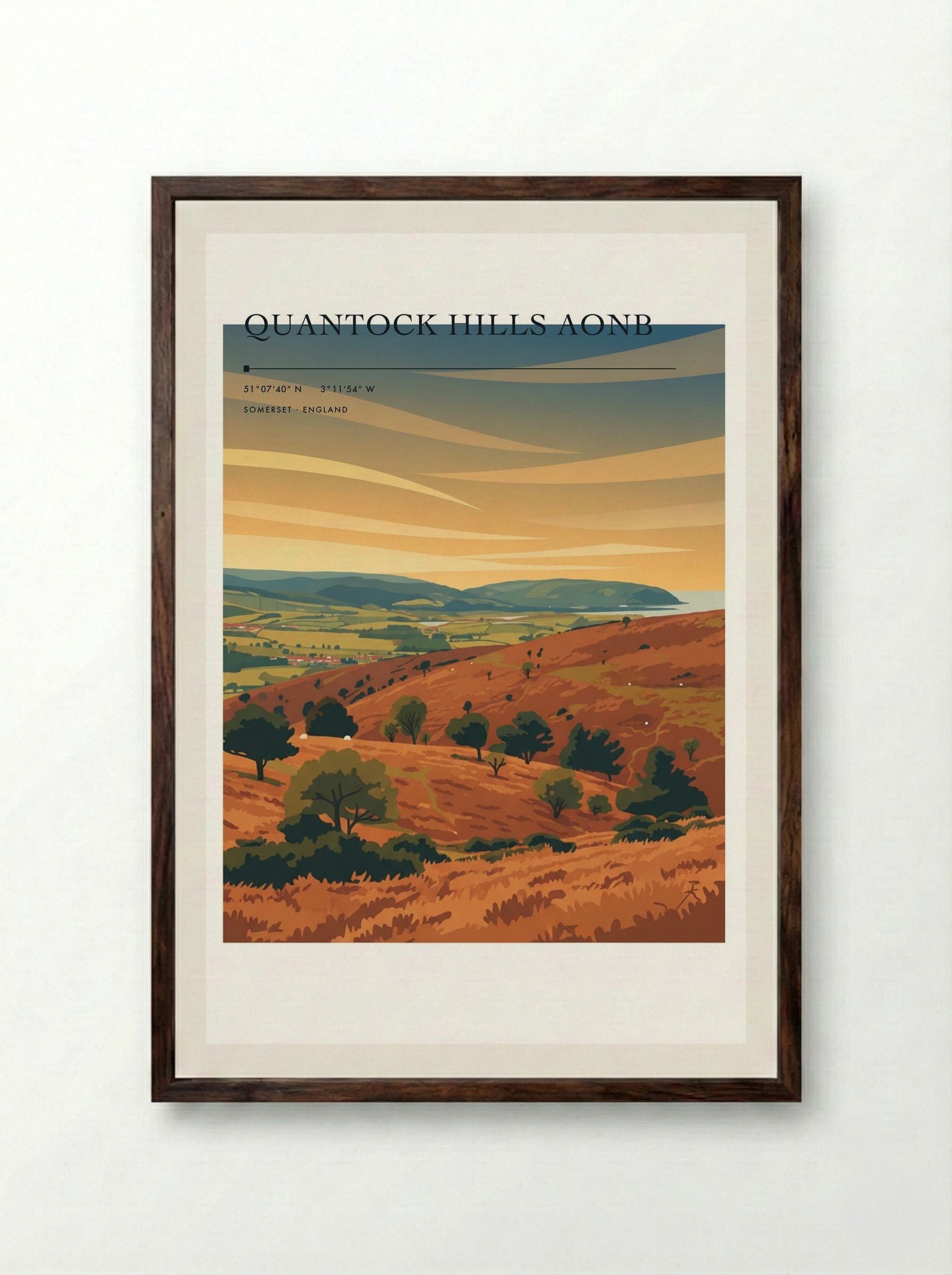 Quantock Hills AONB Somerset England Travel Poster - Framed Print Dark Wood