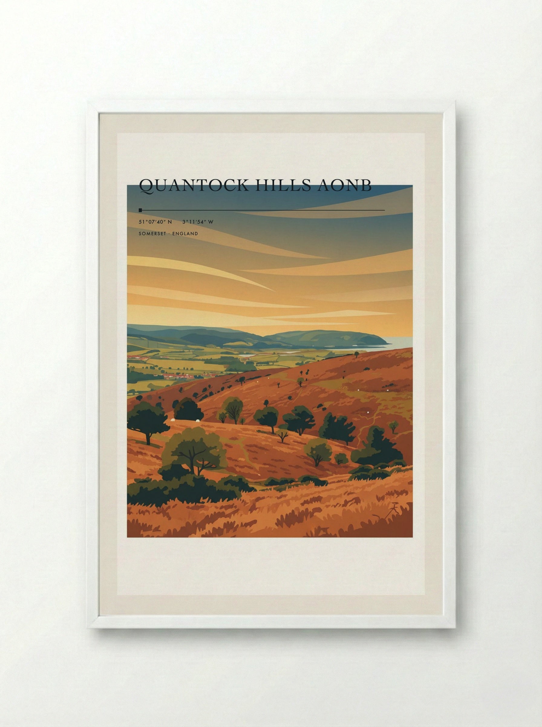 Quantock Hills AONB Somerset England Travel Poster - Framed Print White