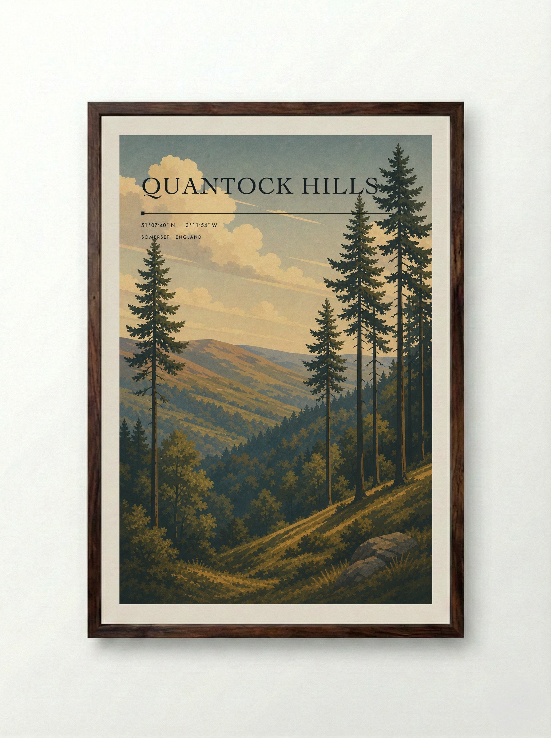 Quantock Hills Somerset England Travel Poster - Framed Print Dark Wood