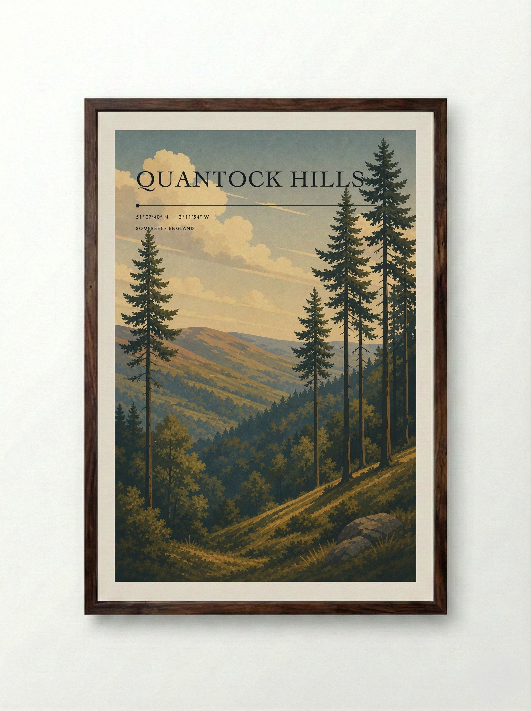 Quantock Hills Somerset England Travel Poster - Framed Print Dark Wood