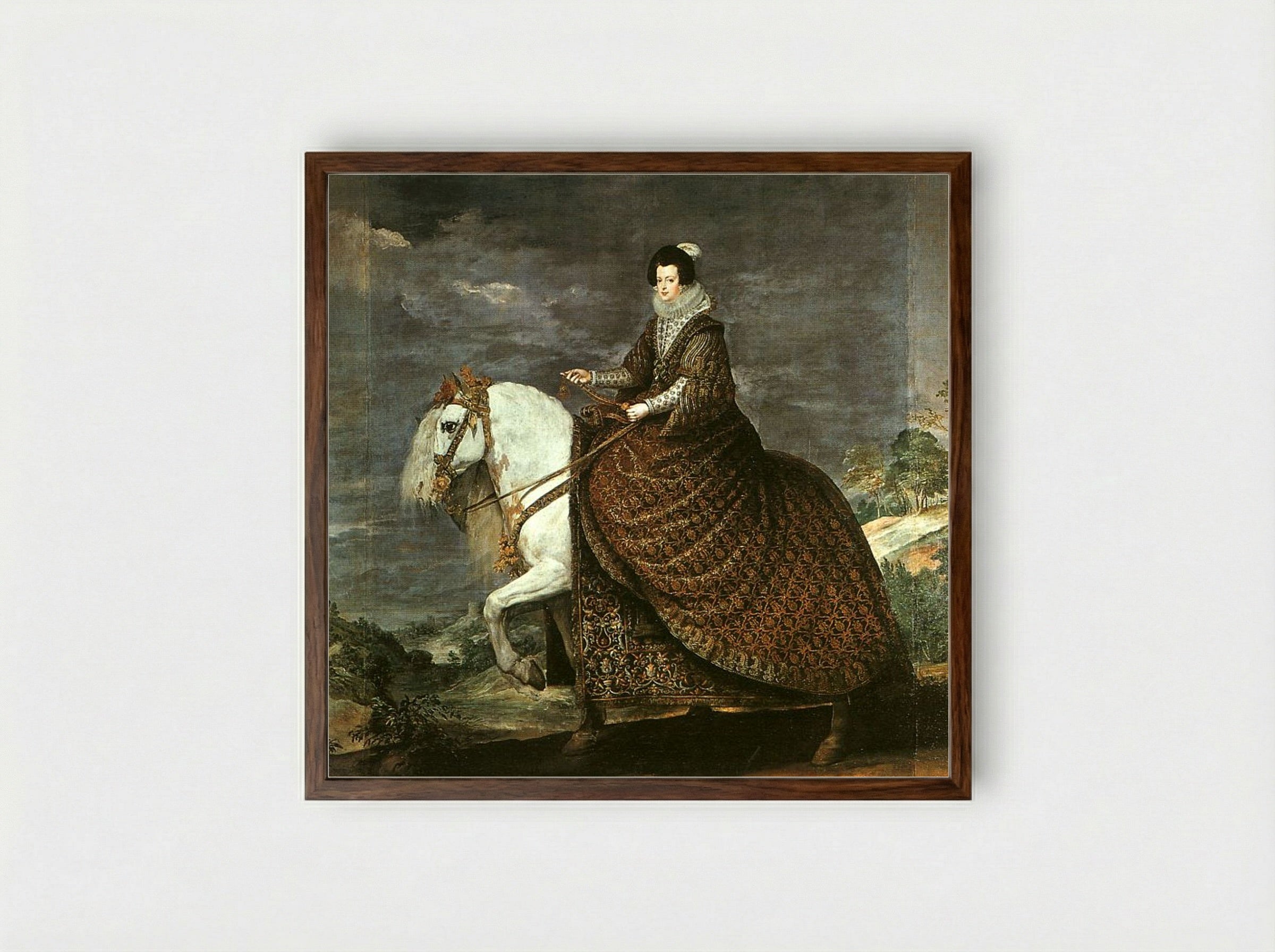 Queen Isabel of Bourbon on Horseback - Diego Velázquez - Framed Print Dark Wood