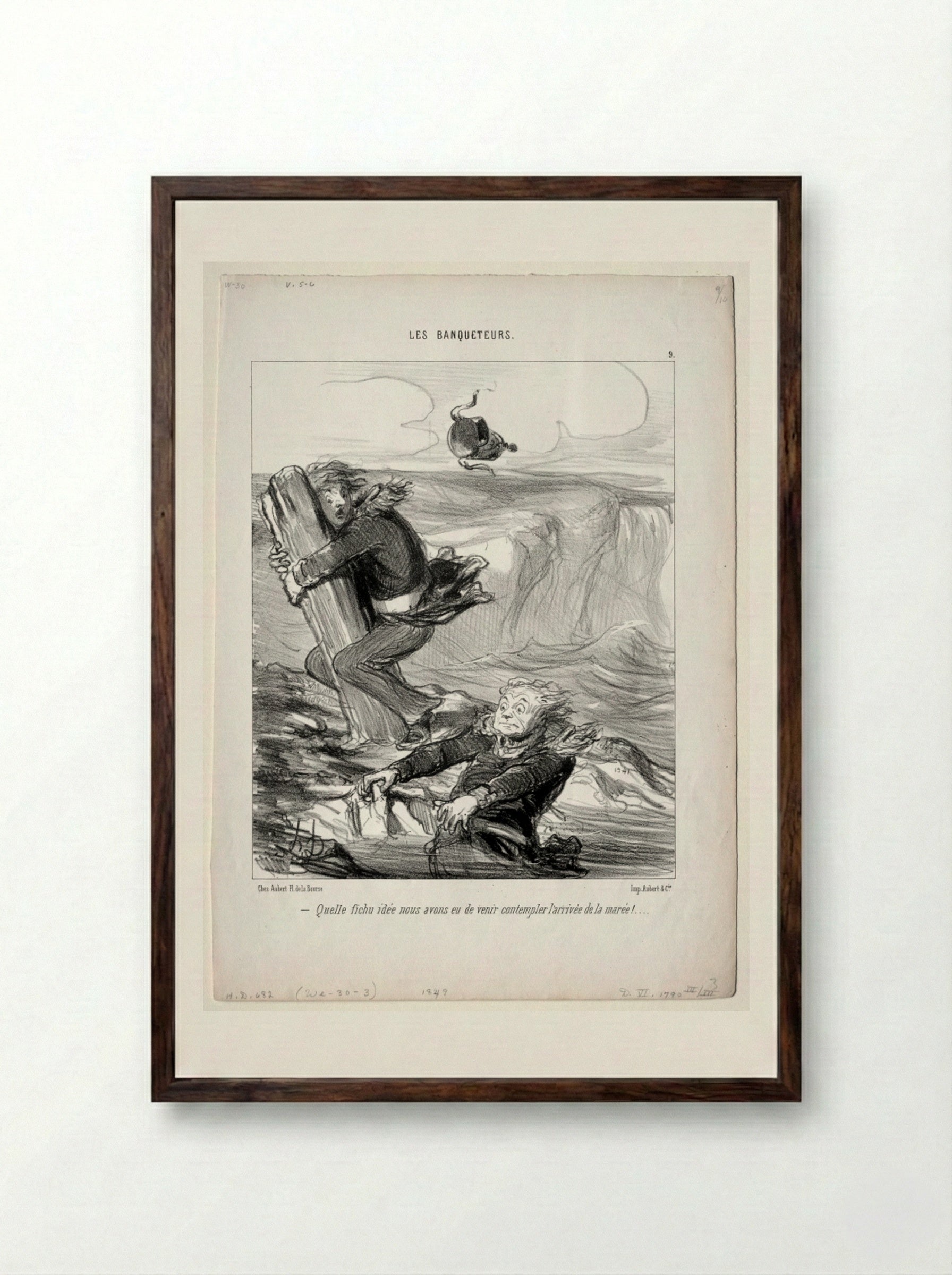 Quelle fichu idée nous avons eu de venir contempler l'arrivée de la marée! - Honoré Daumier - Framed Print Dark Wood