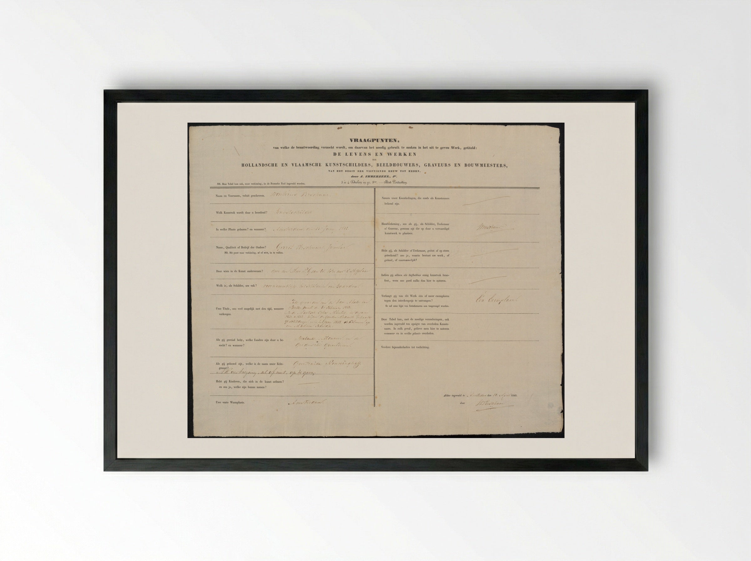 Questionnaire for the Biographical Dictionary of Artists - Wouter Verschuur - Framed Print Black