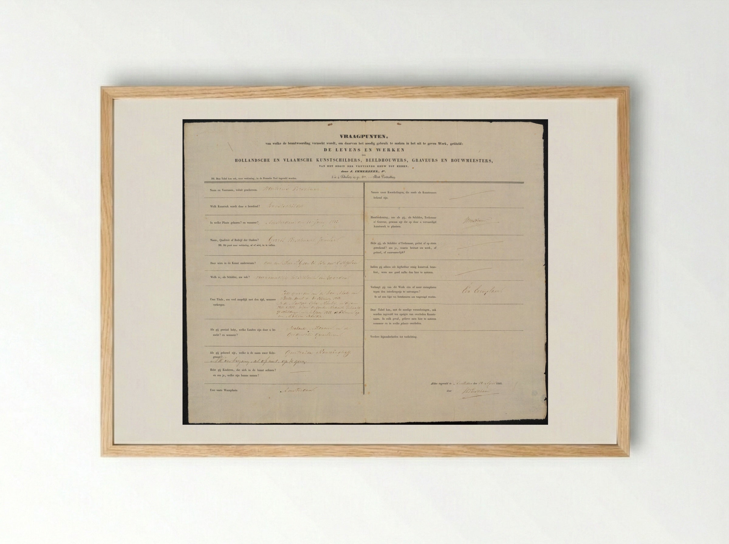 Questionnaire for the Biographical Dictionary of Artists - Wouter Verschuur - Framed Print Wood