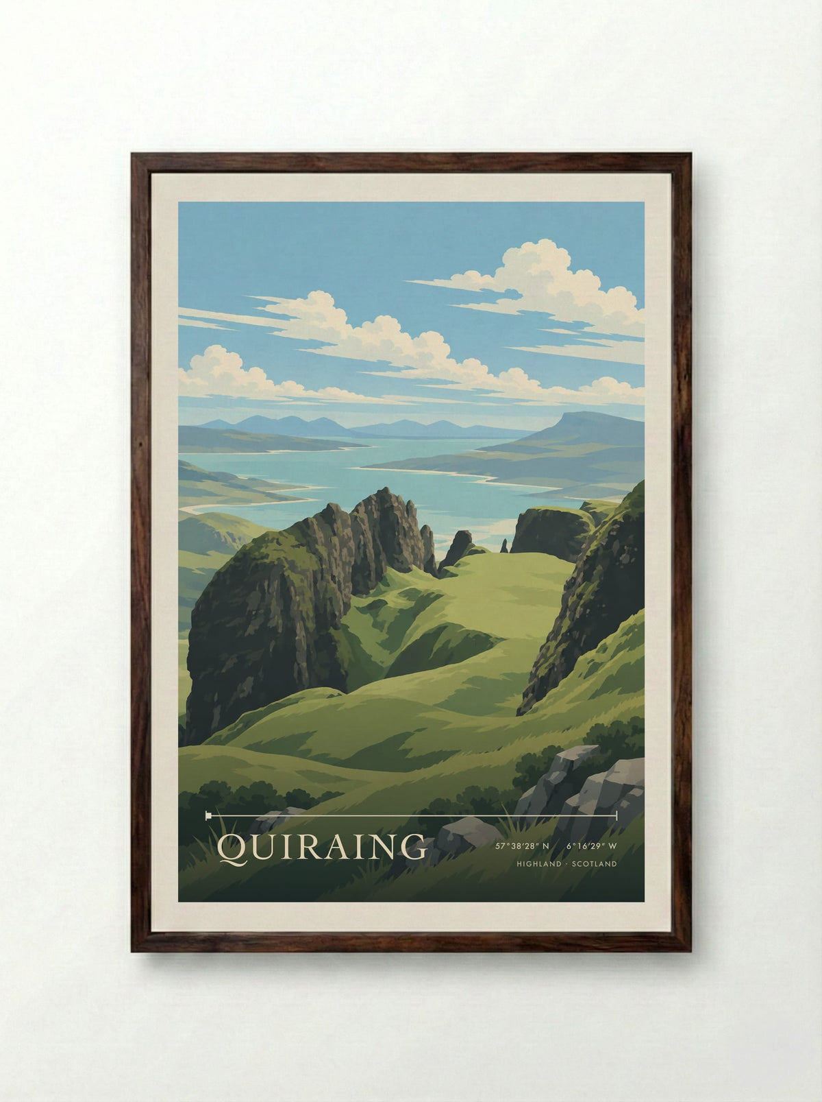 Quiraing, Highland | Travel Poster - Framed Print Dark Wood