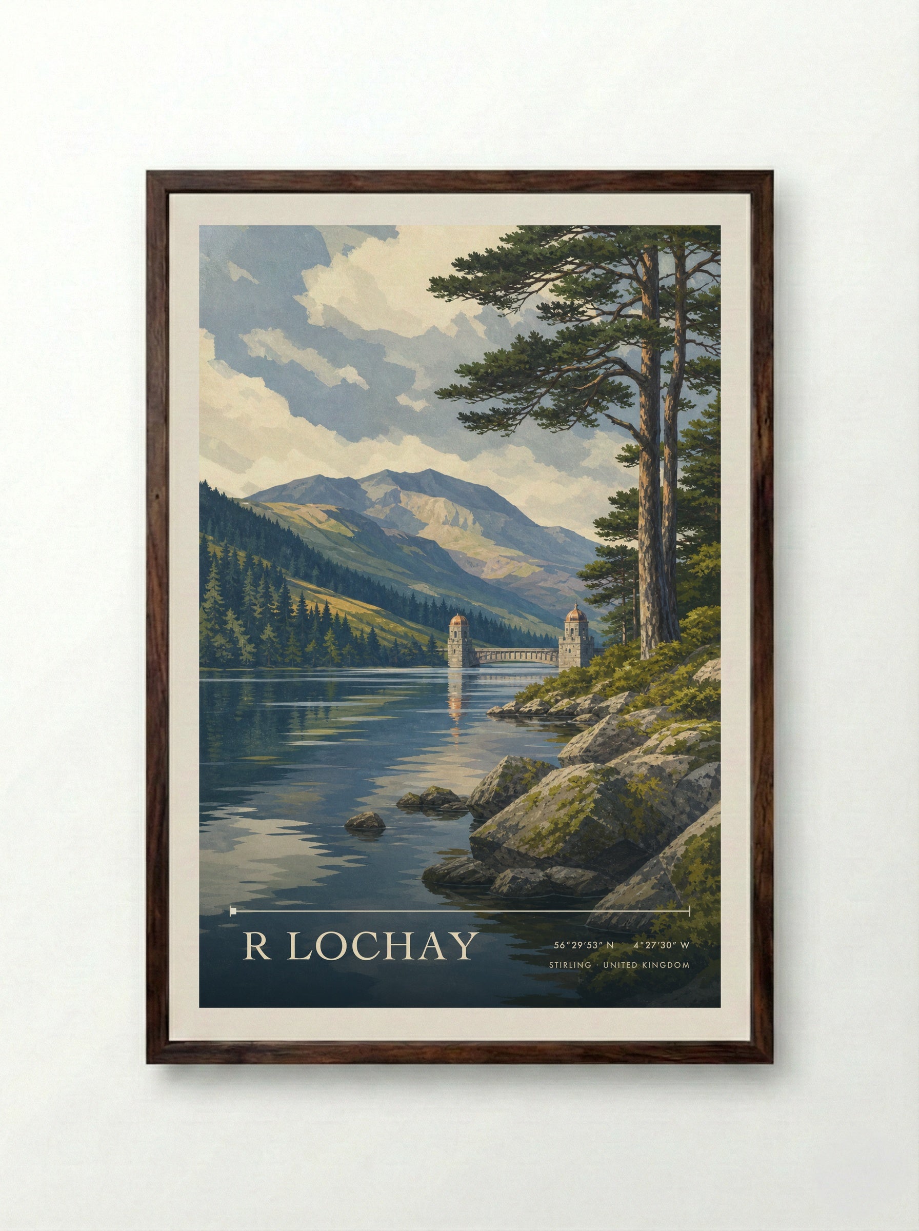 R Lochay Stirling United Kingdom Travel Poster - Framed Print Dark Wood