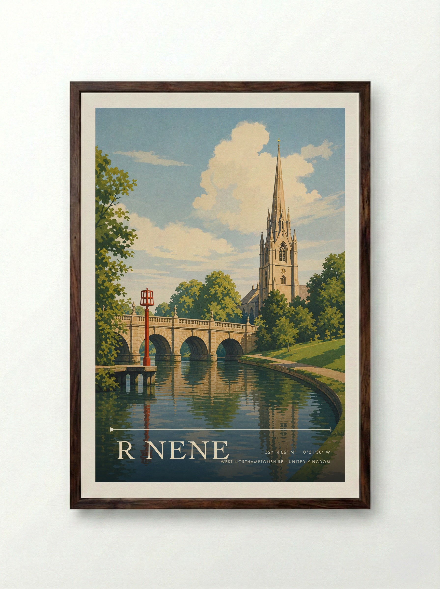 R Nene West Northamptonshire United Kingdom Travel Poster - Framed Print Dark Wood