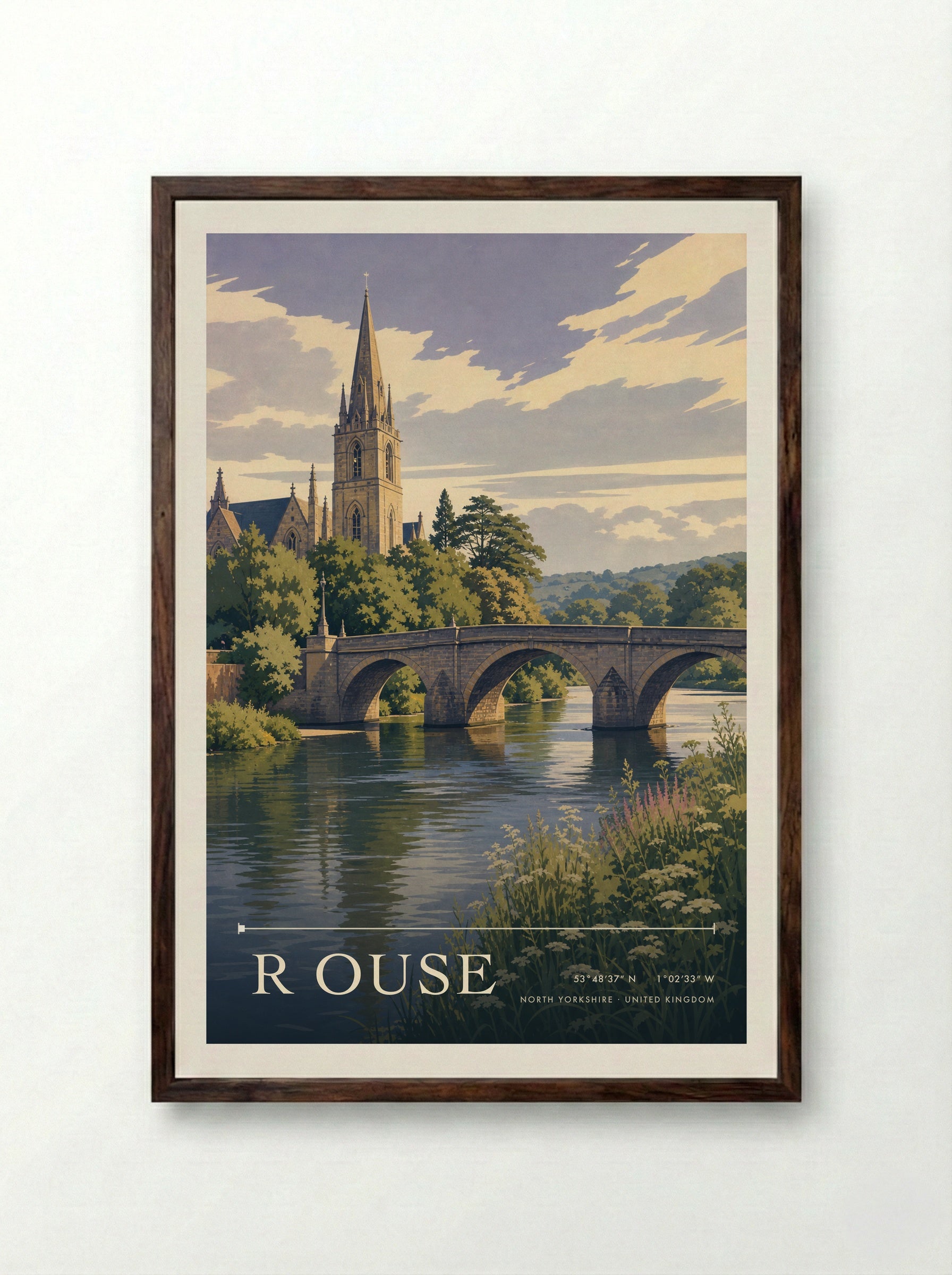 R Ouse North Yorkshire United Kingdom Travel Poster - Framed Print Dark Wood