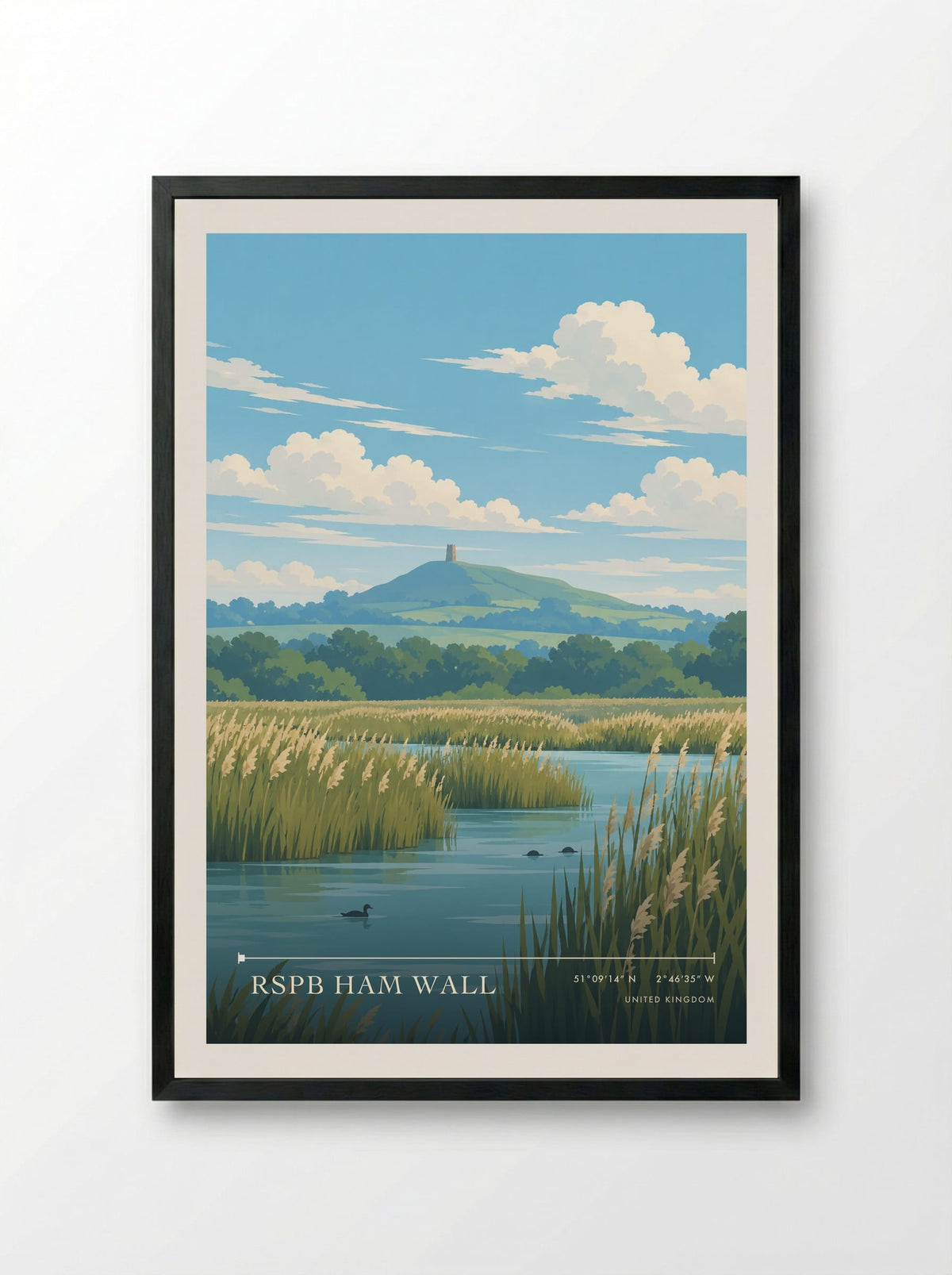 RSPB Ham Wall | Travel Poster - Framed Print Black
