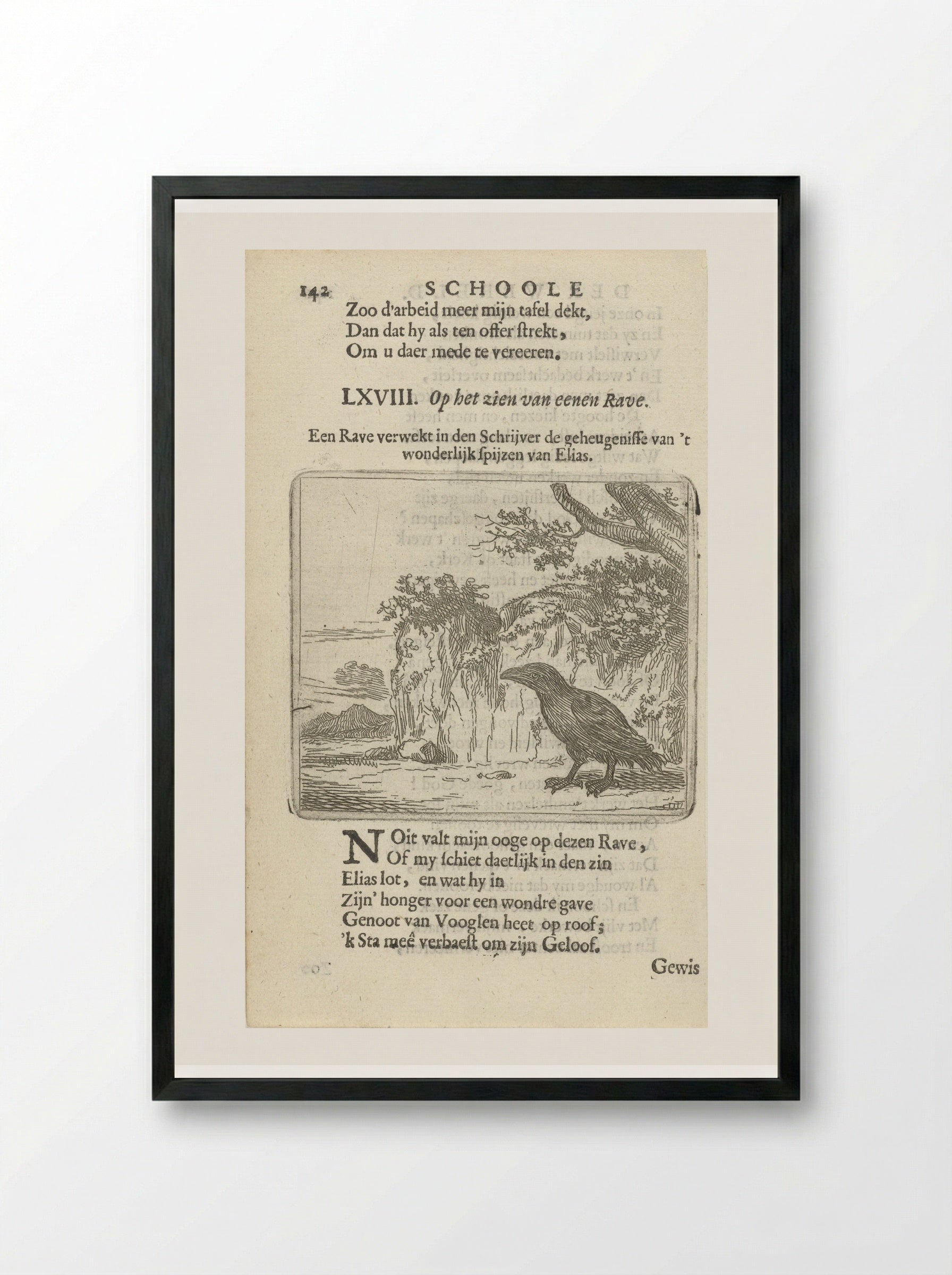 Raaf in een landschap - Arnold Houbraken - Framed Print Black