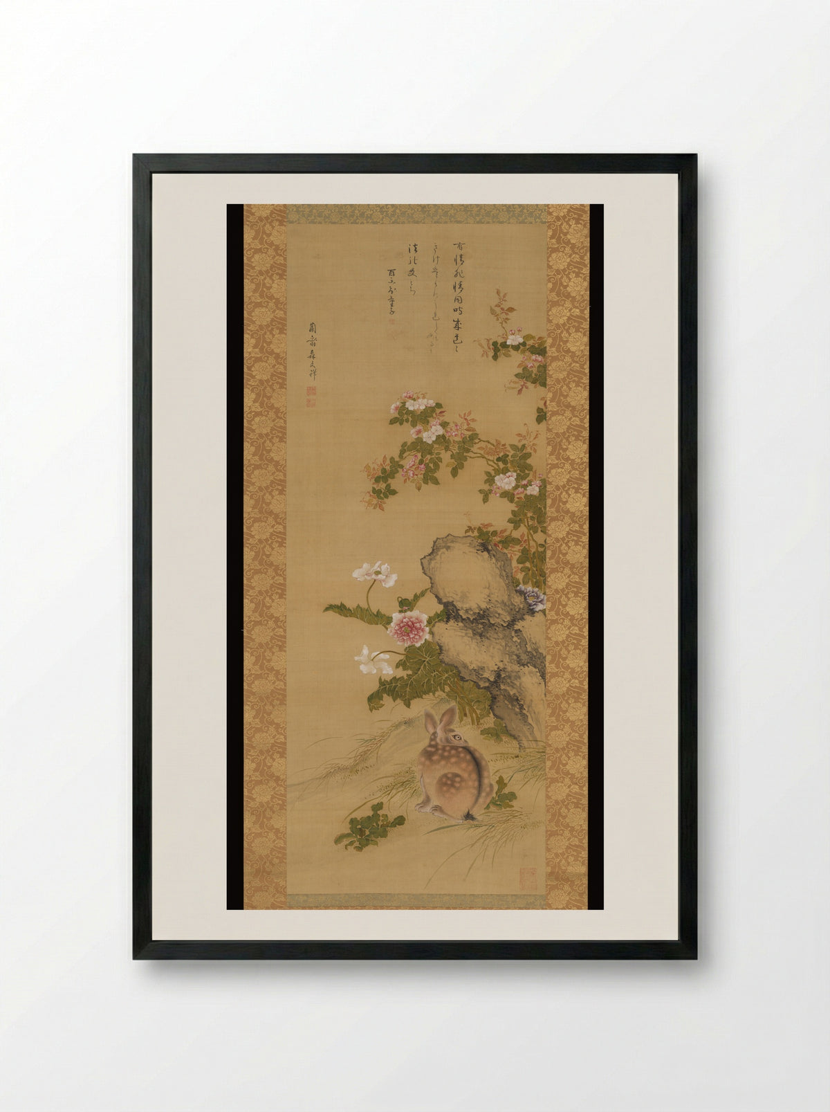 Rabbit and Roses - Mori Ransai - Framed Print Black