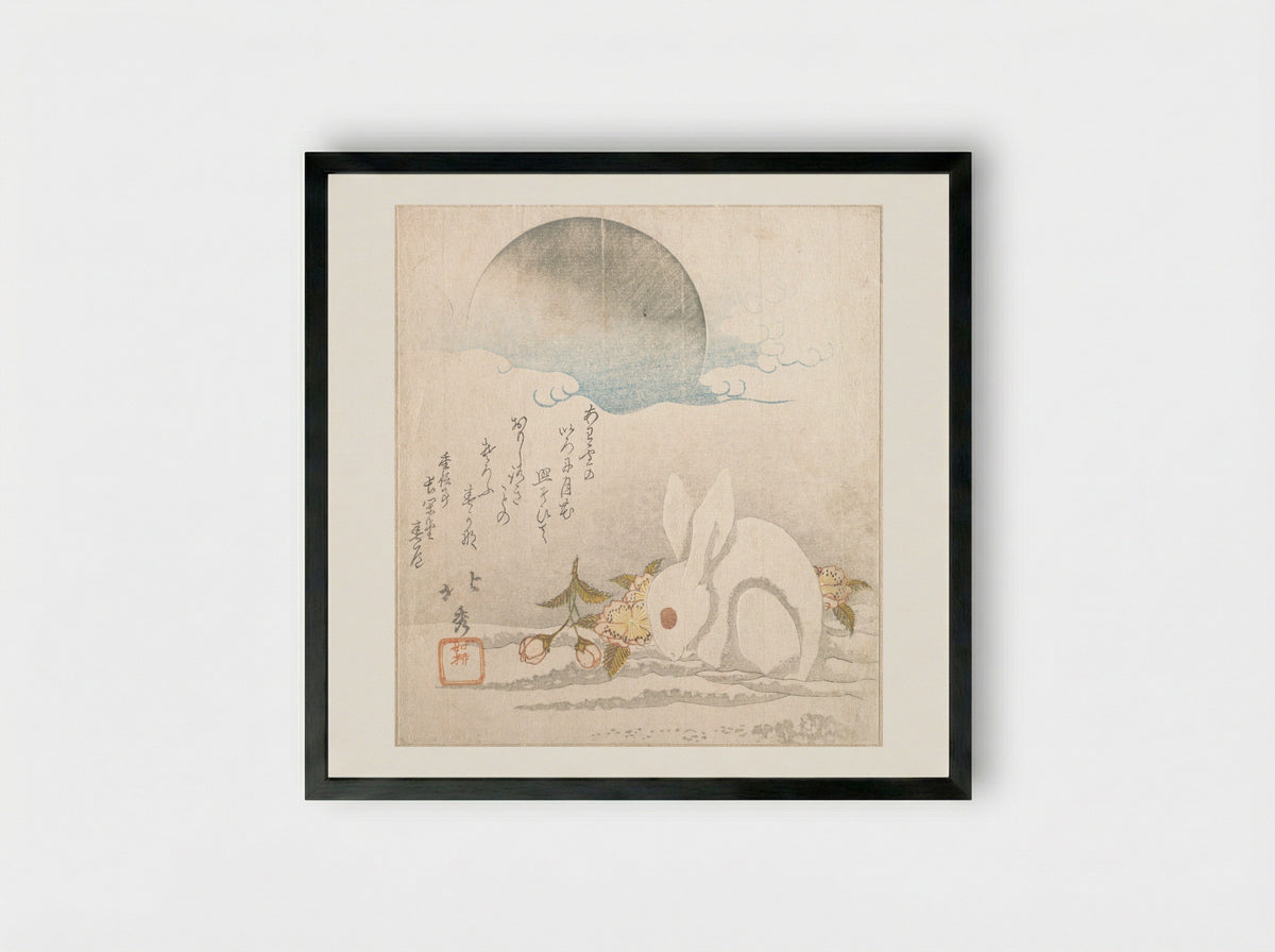 Rabbit in the Snow beneath the Moon - Katsushika Hokushū - Framed Print Black