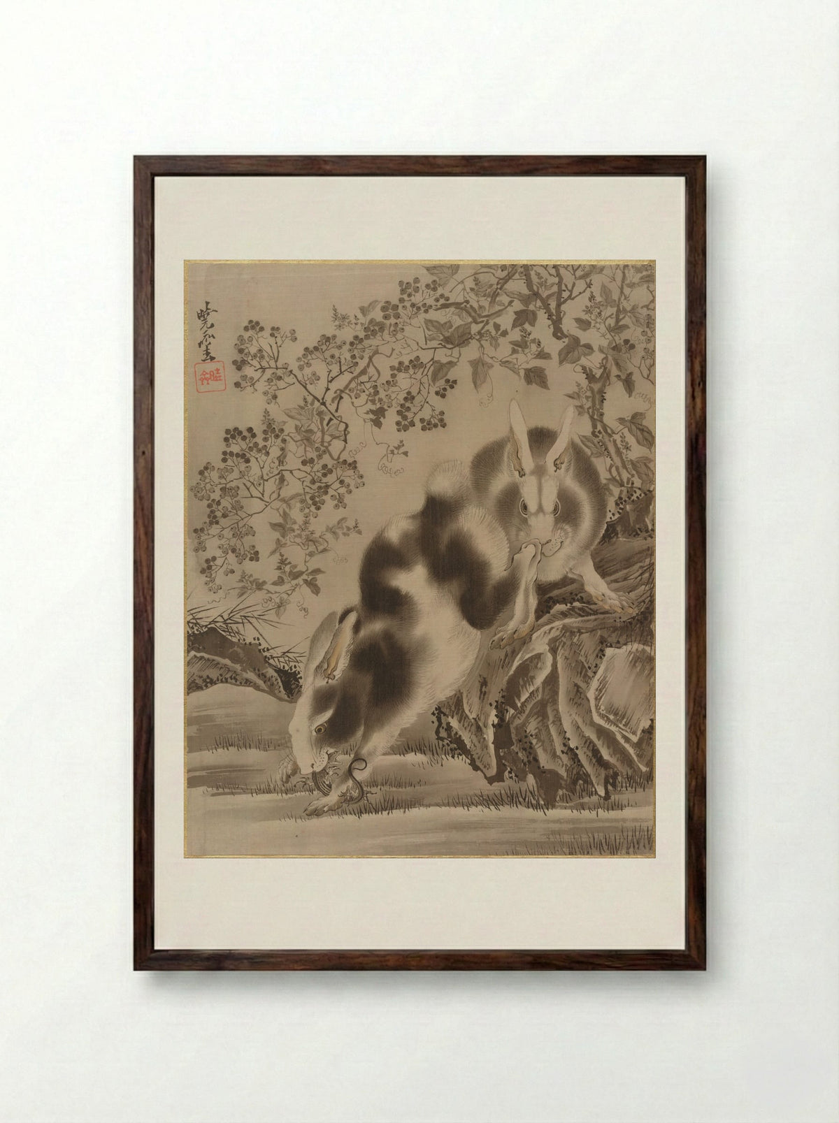 Rabbits - Kawanabe Kyōsai - Framed Print Dark Wood