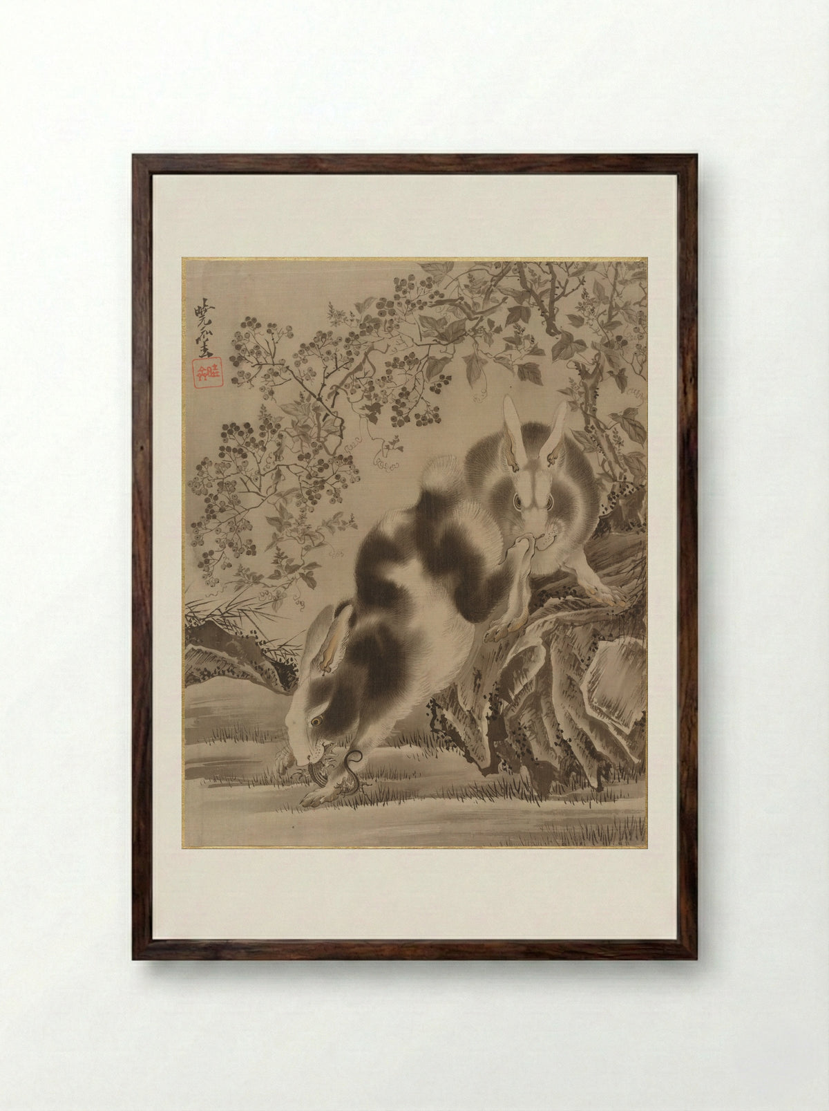 Rabbits - Kawanabe Kyōsai - Framed Print Dark Wood