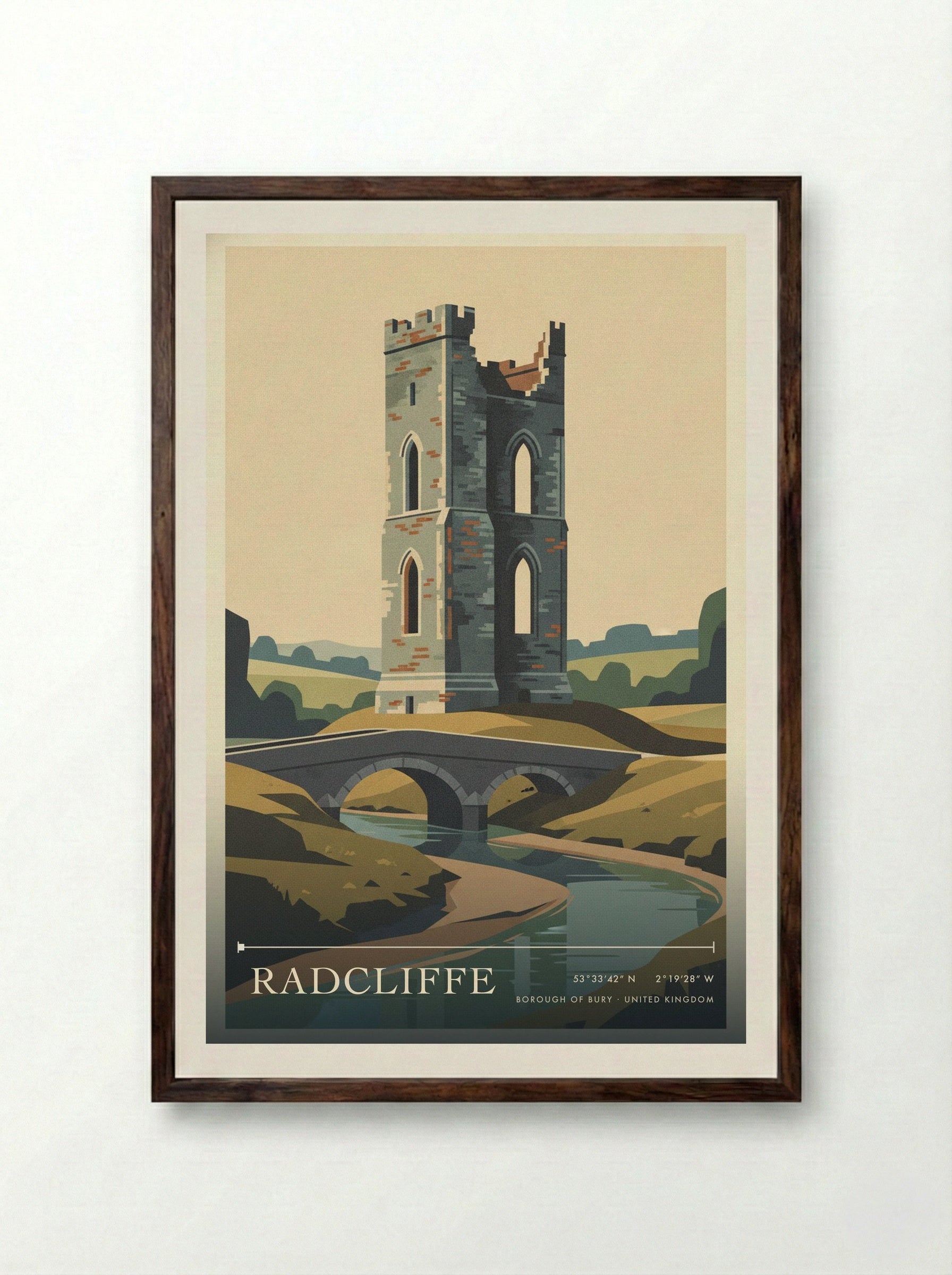 Radcliffe Borough of Bury United Kingdom Travel Poster - Framed Print Dark Wood