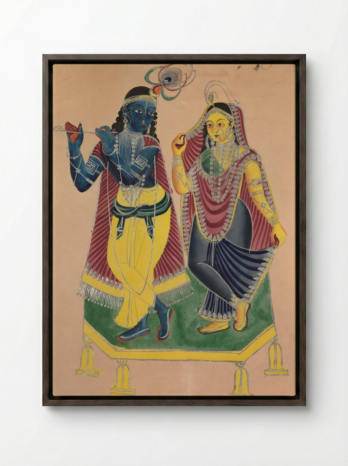 Radha and Krishna - Kalighat School - Framed Canvas Dark Wood