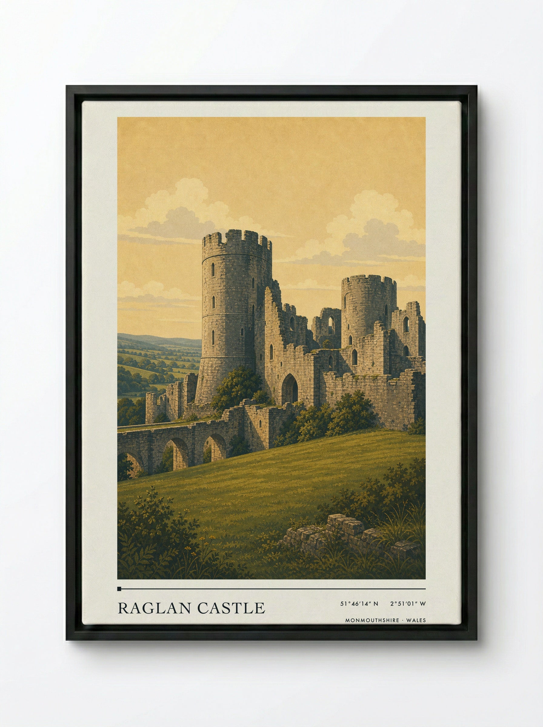 Raglan Castle Monmouthshire Wales Travel Poster - Framed Canvas Black