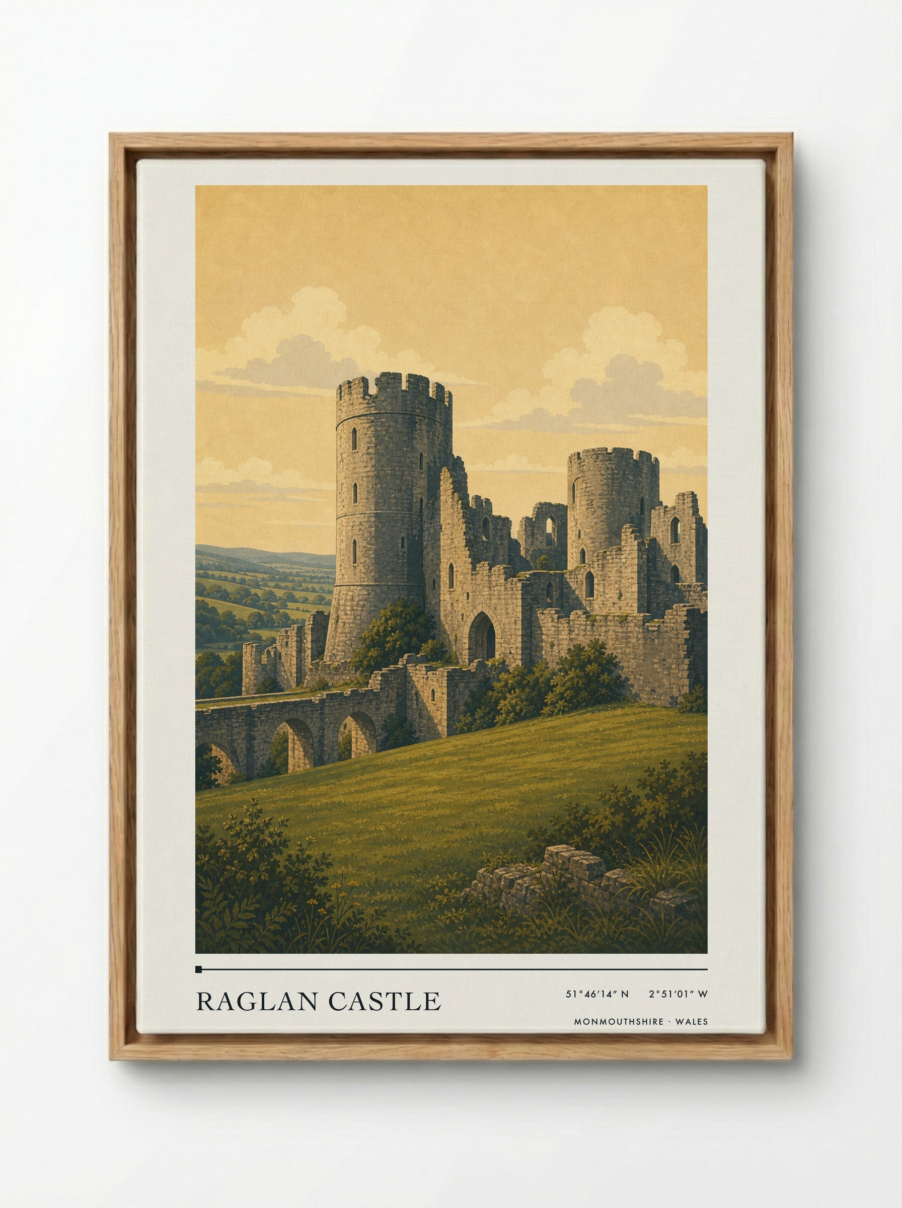 Raglan Castle Monmouthshire Wales Travel Poster - Framed Canvas Wood