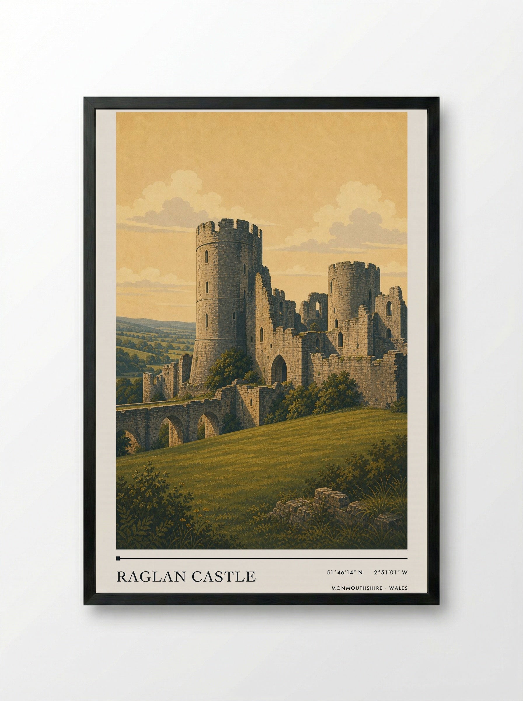 Raglan Castle Monmouthshire Wales Travel Poster - Framed Print Black
