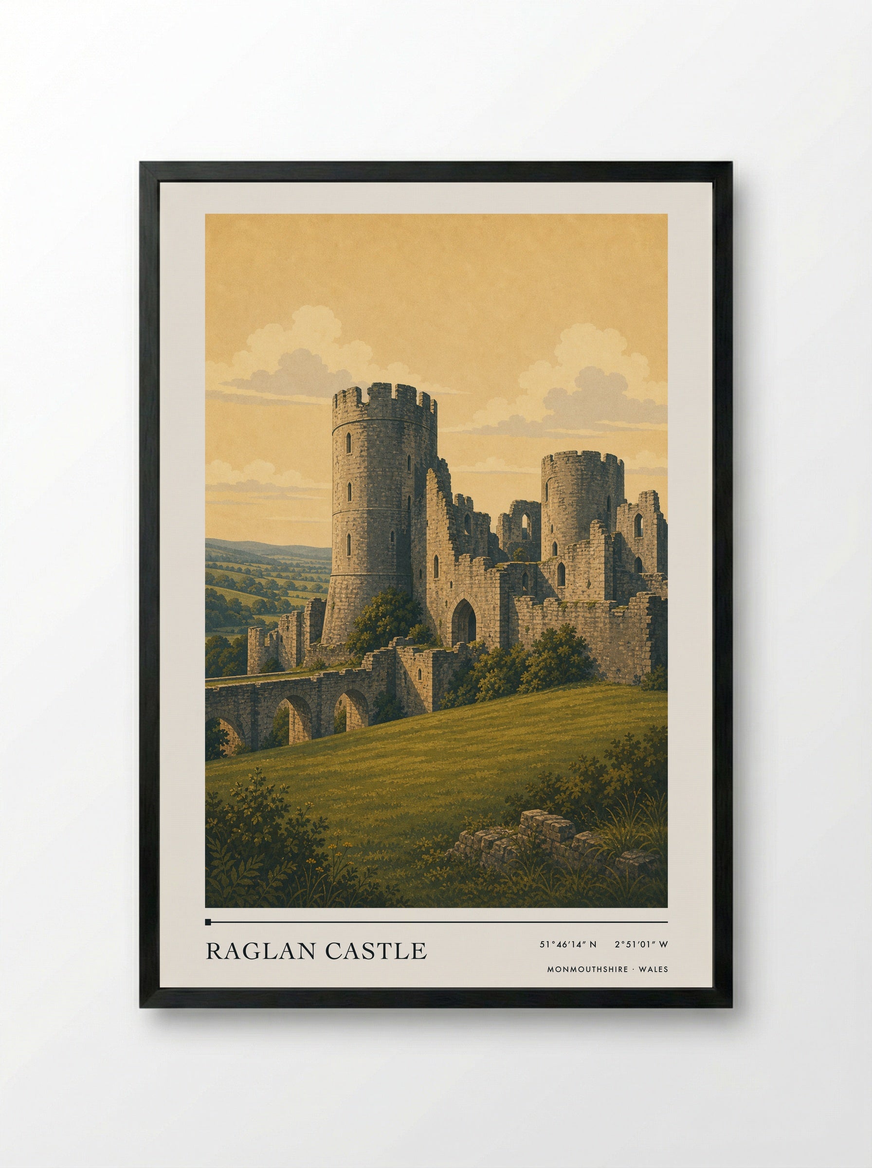 Raglan Castle Monmouthshire Wales Travel Poster - Framed Print Black