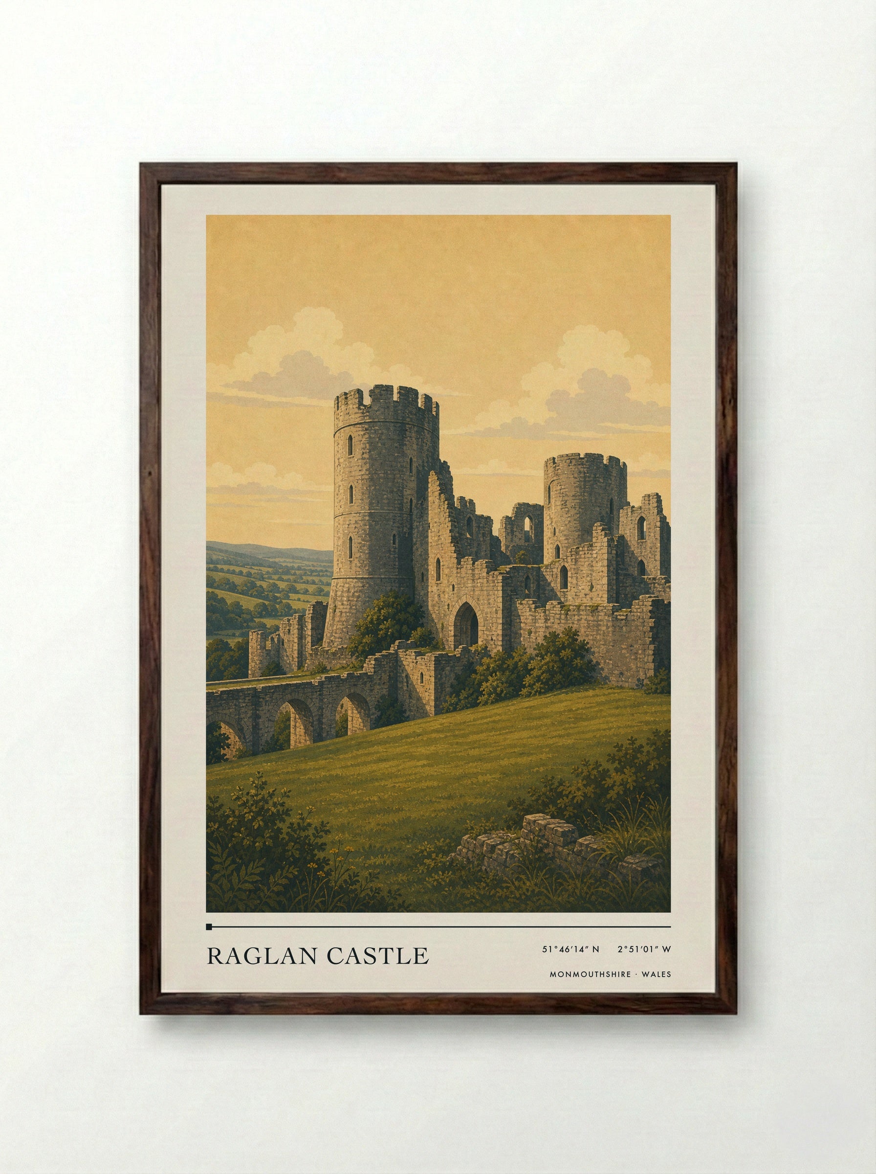 Raglan Castle Monmouthshire Wales Travel Poster - Framed Print Dark Wood