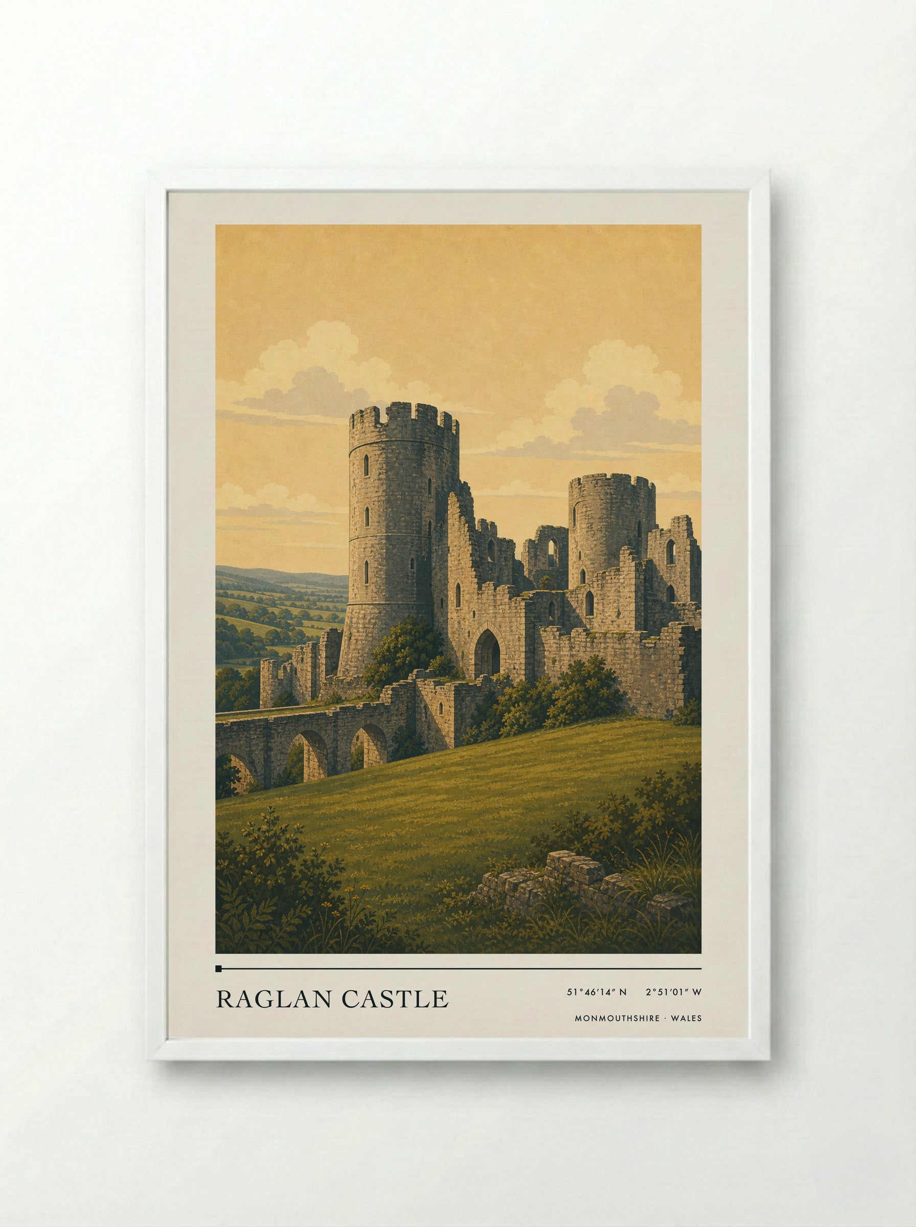 Raglan Castle Monmouthshire Wales Travel Poster - Framed Print White