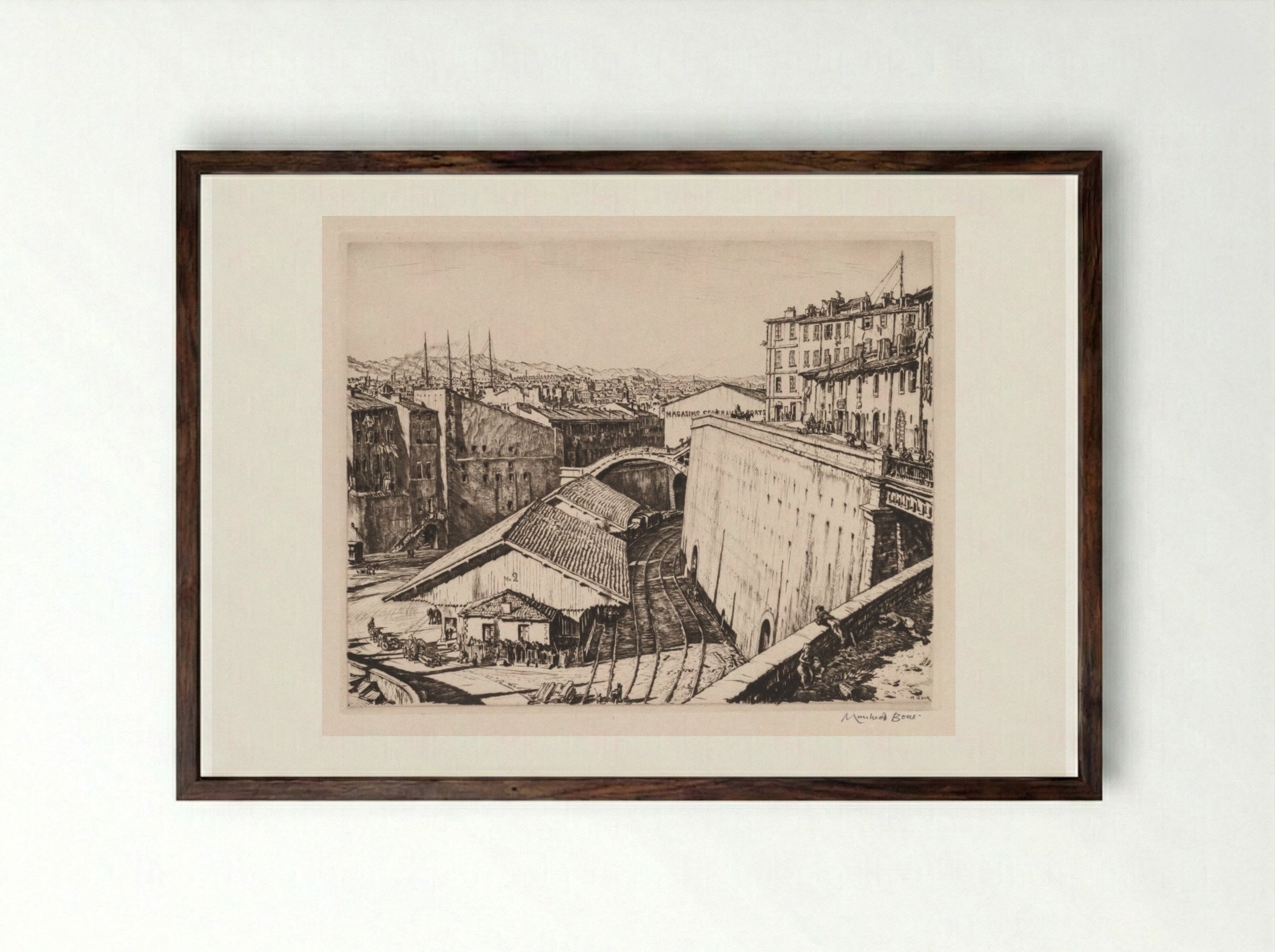 Railway Sheds, Marseilles - Muirhead Bone - Framed Print Dark Wood