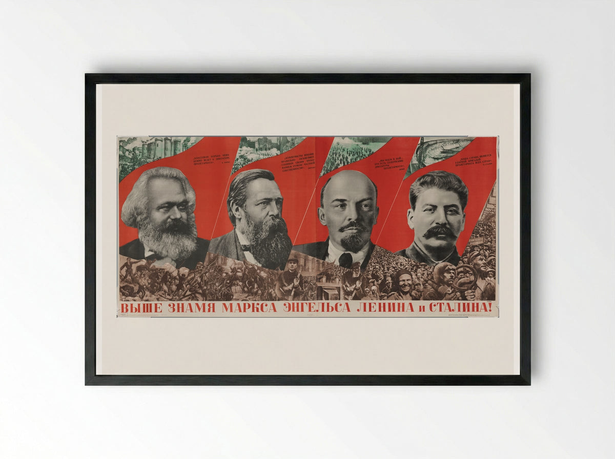 Raise Higher the Banner of Marx, Engels, Lenin, and Stalin - Gustavs Klucis - Framed Print Black
