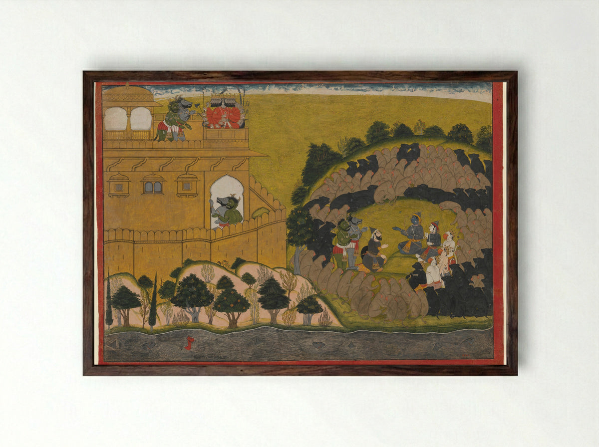 Rama Releases the Demon Spies Shuka and Sarana - Manaku - Framed Print Dark Wood