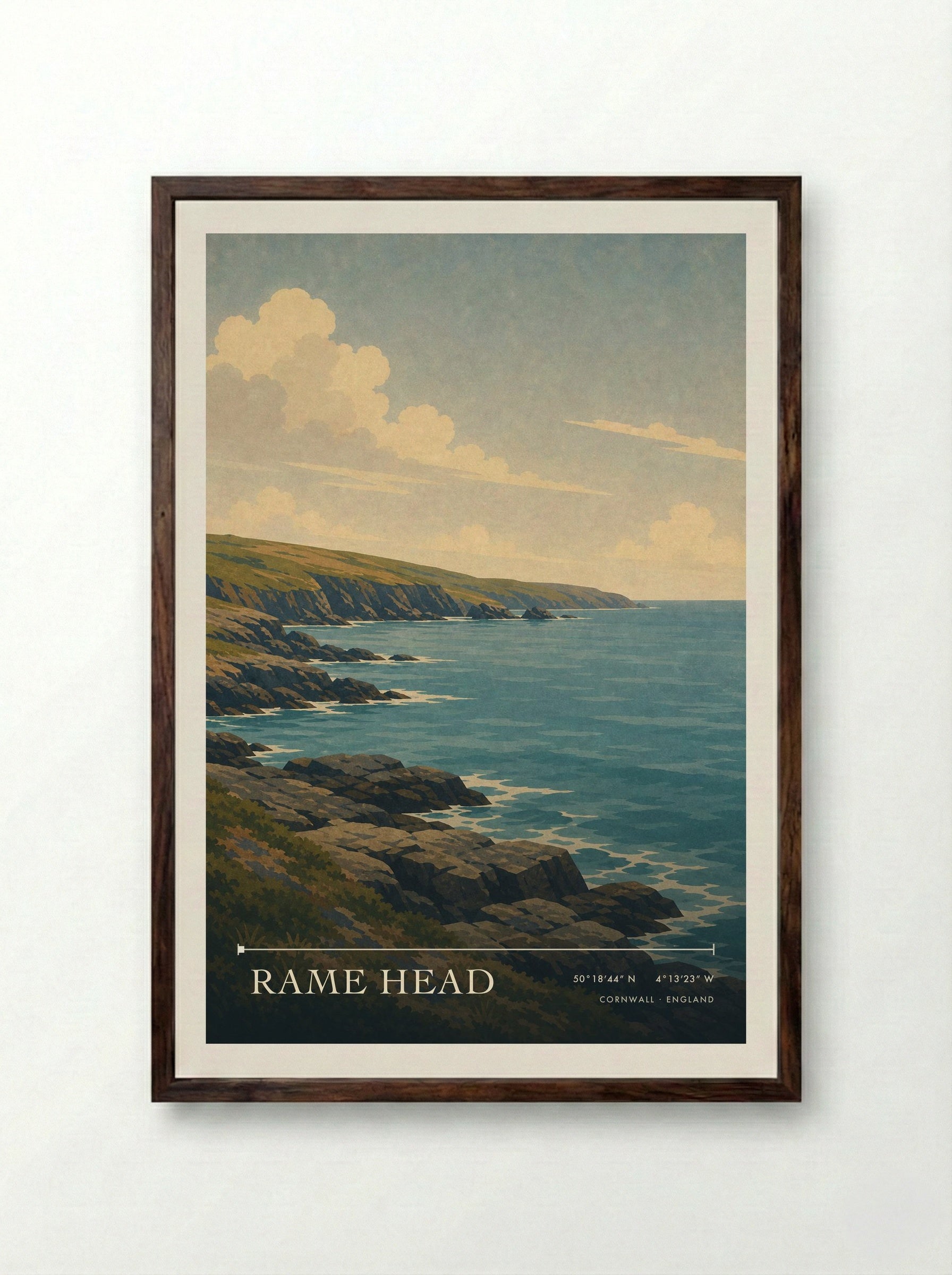 Rame Head Cornwall England Travel Poster - Framed Print Dark Wood