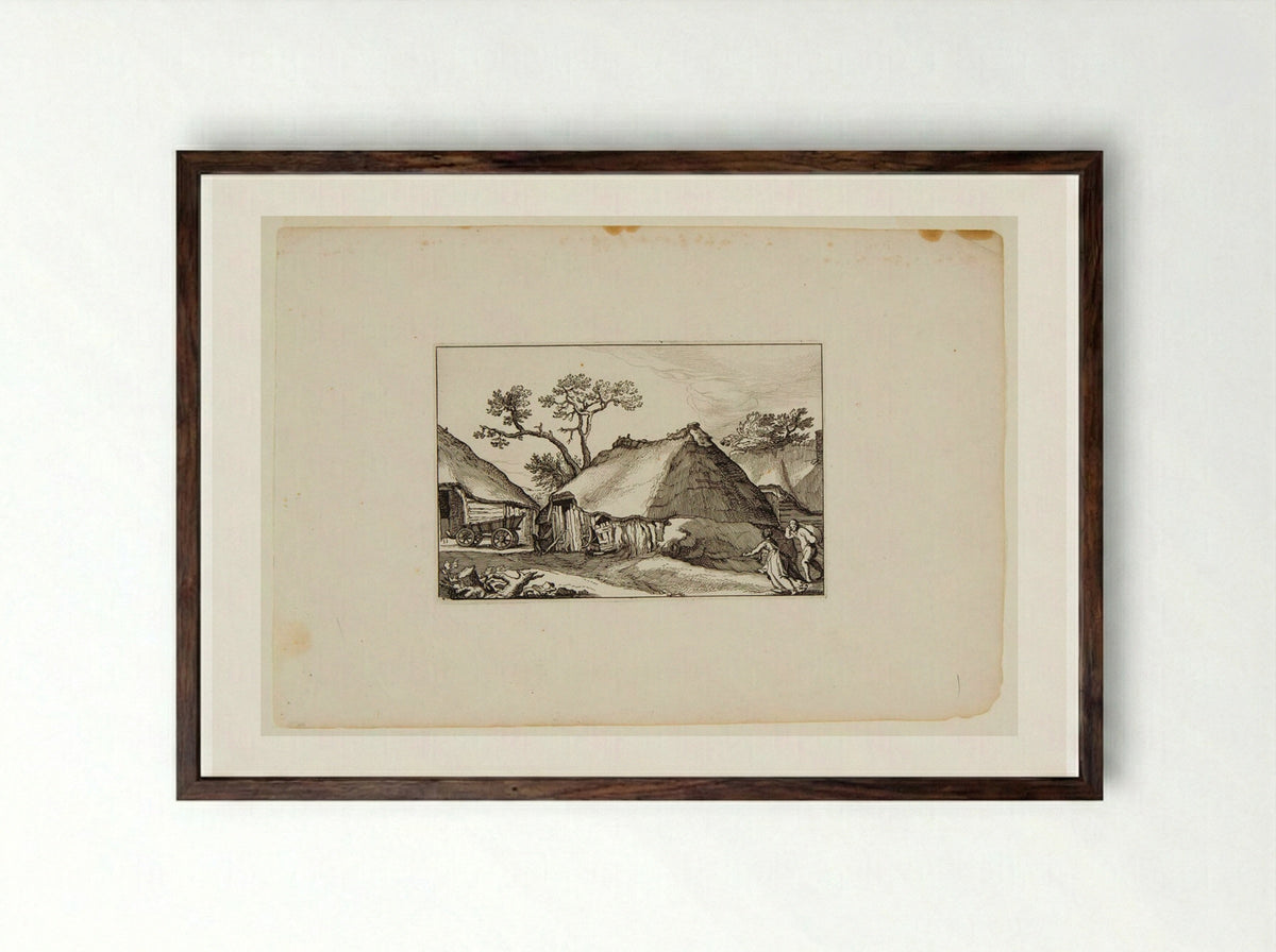 Ramshackle Hut with Wagon to Left and Two Figures to Right - Claes Jansz. Visscher - Framed Print Dark Wood